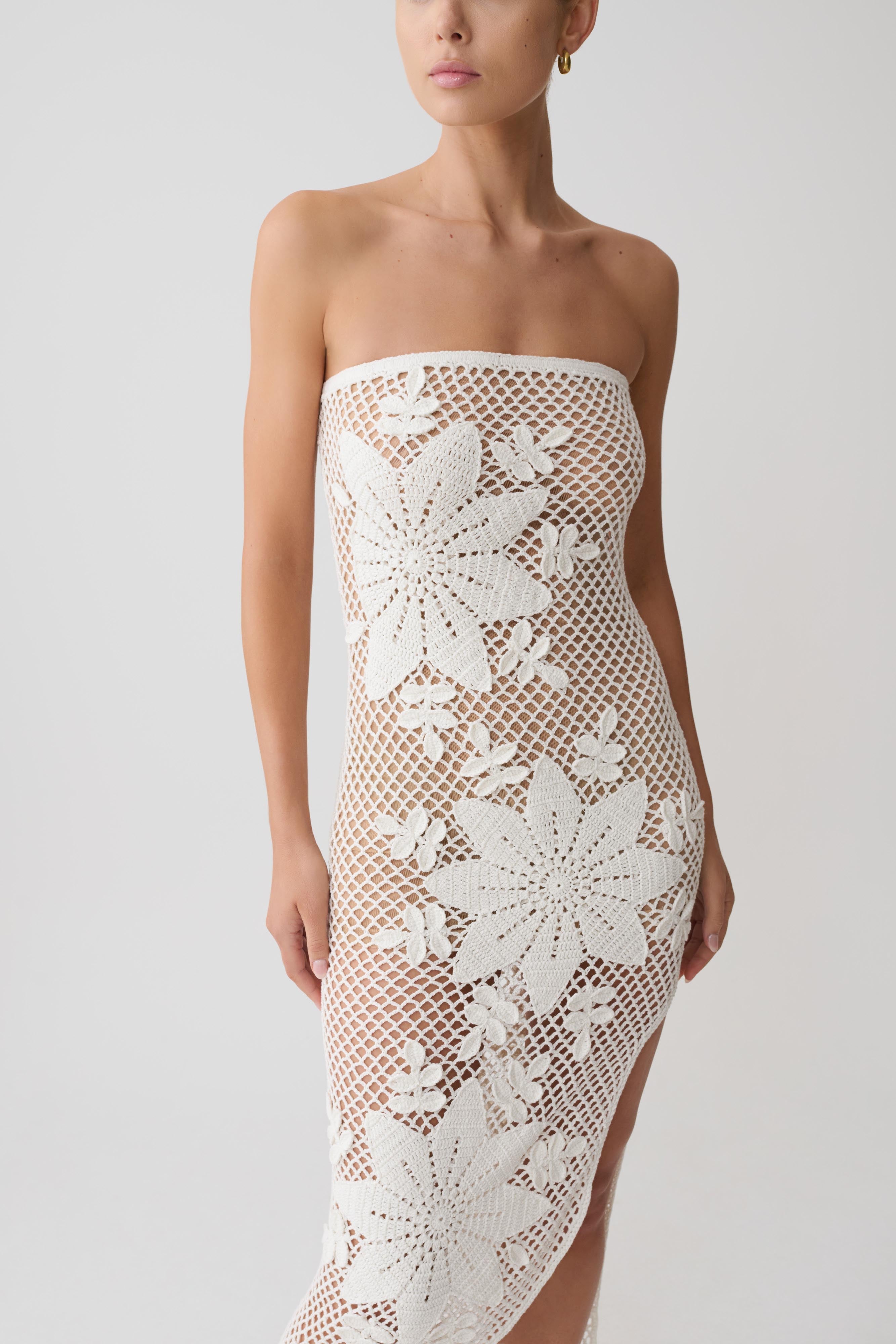 Mandie Hand Crochet Asymmetrical Maxi Dress - White - Image 5