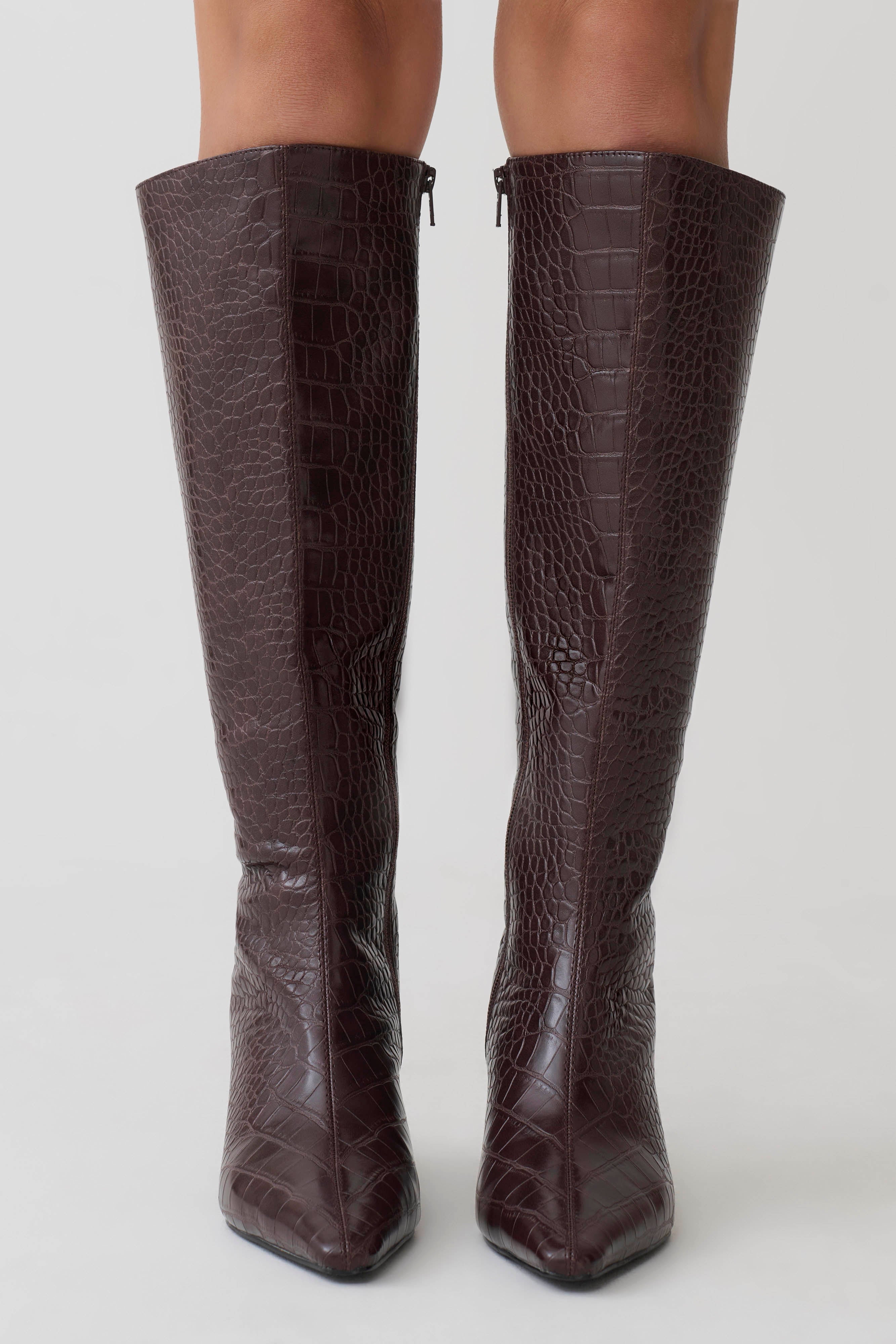 Sarah Faux Leather Crocodile Boot - Chocolate - Image 4