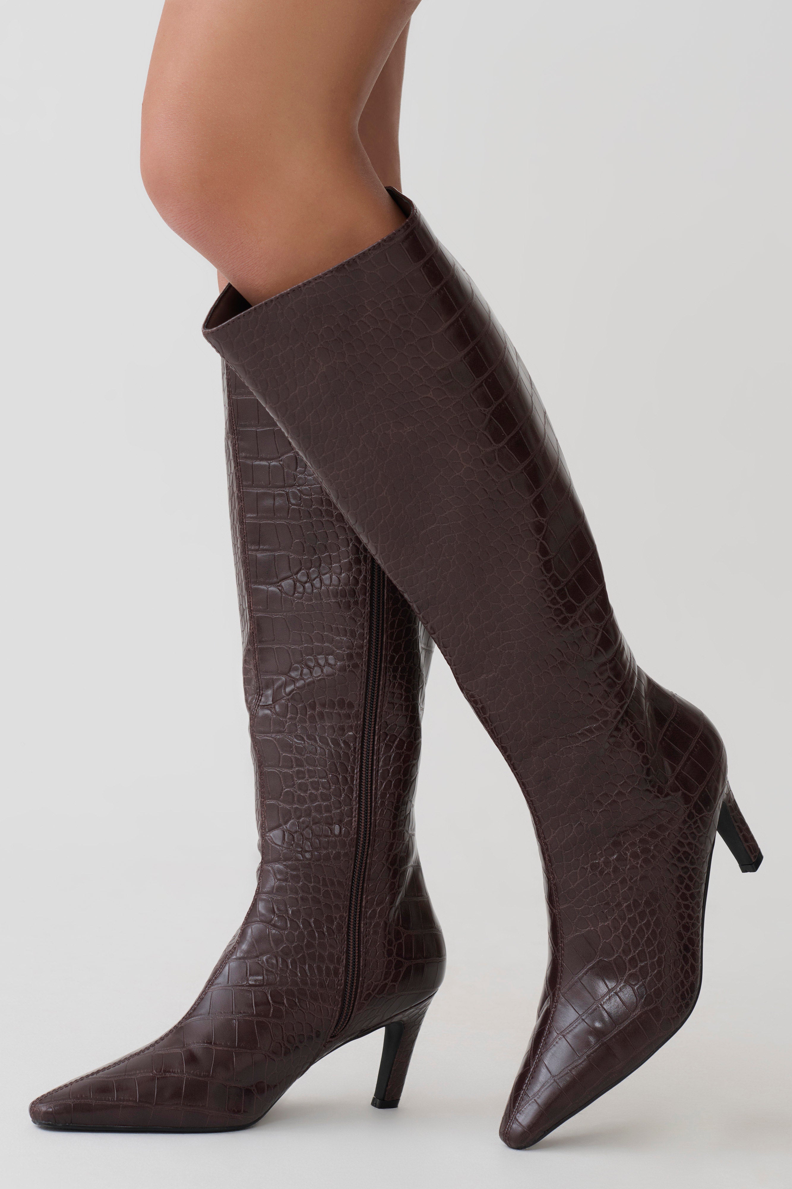 Sarah Faux Leather Crocodile Boot - Chocolate - Image 5