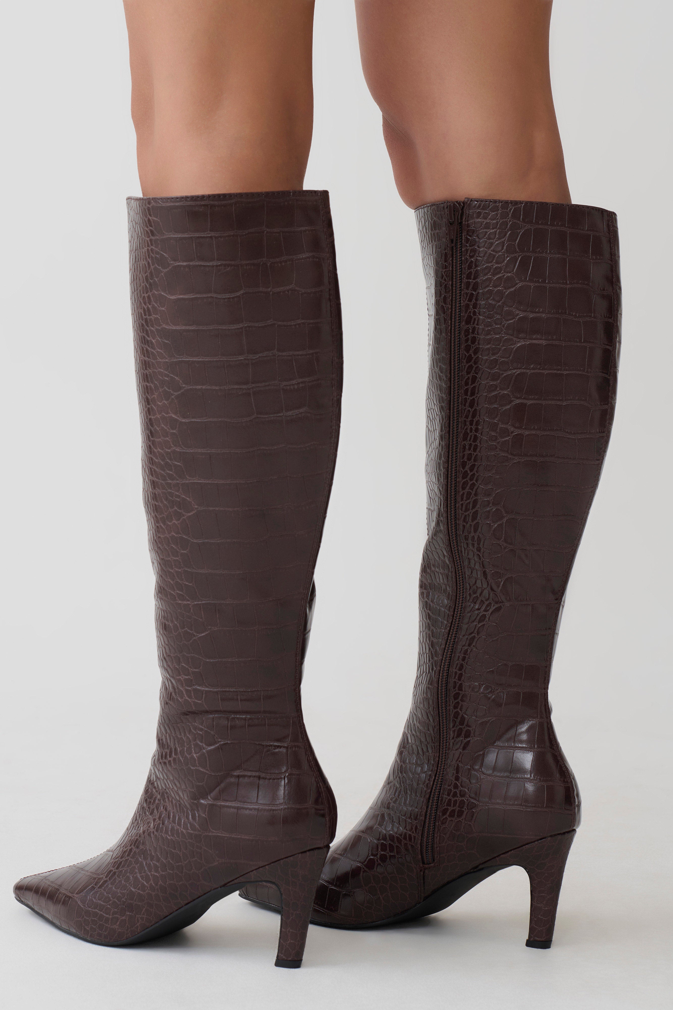 Sarah Faux Leather Crocodile Boot - Chocolate - Image 3