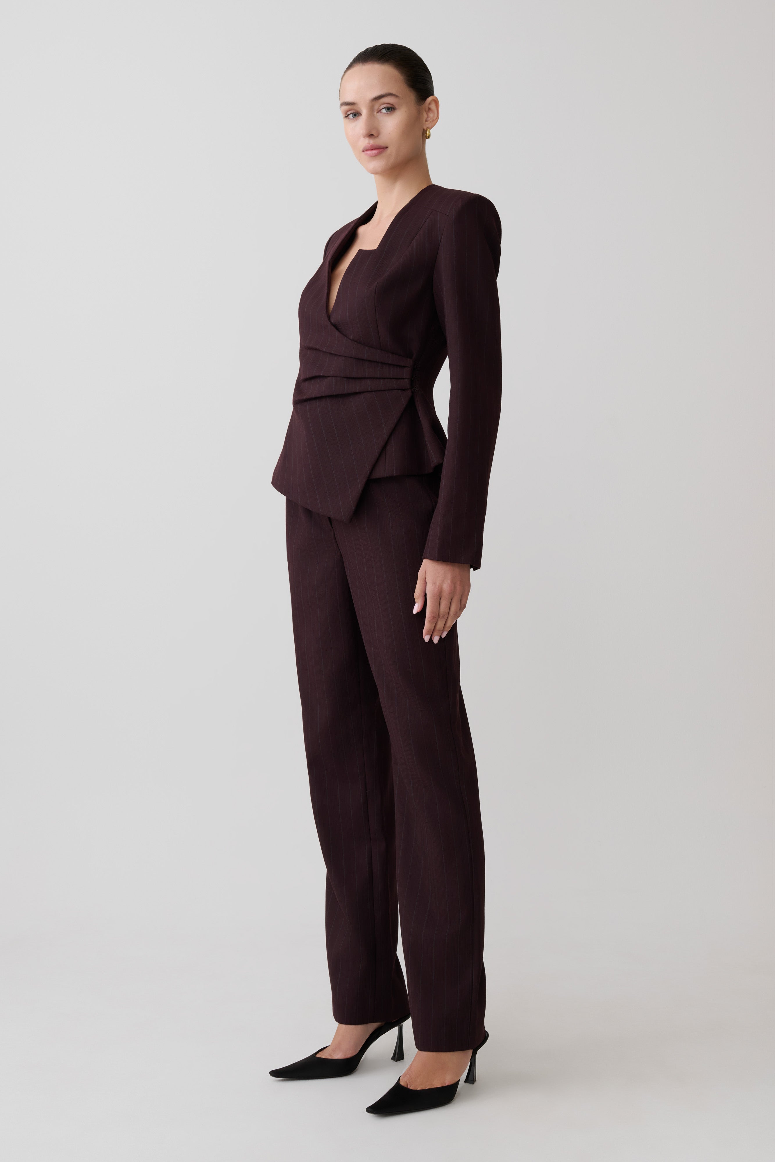Agatha Straight Leg Suiting Pants - Plum Pinstripe - Image 4