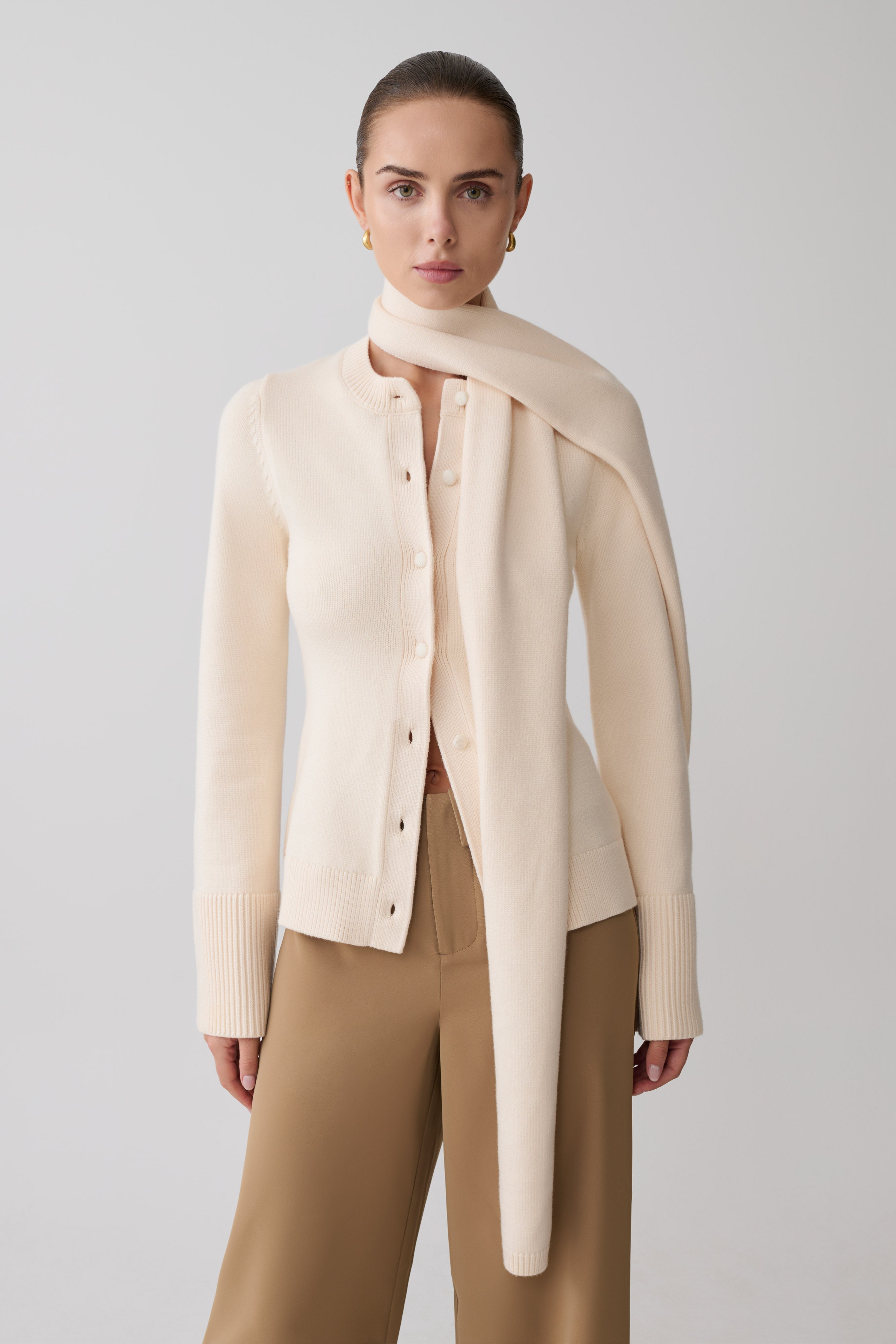 Lara Knit Cardigan With Scarf - Ivory - Image 3