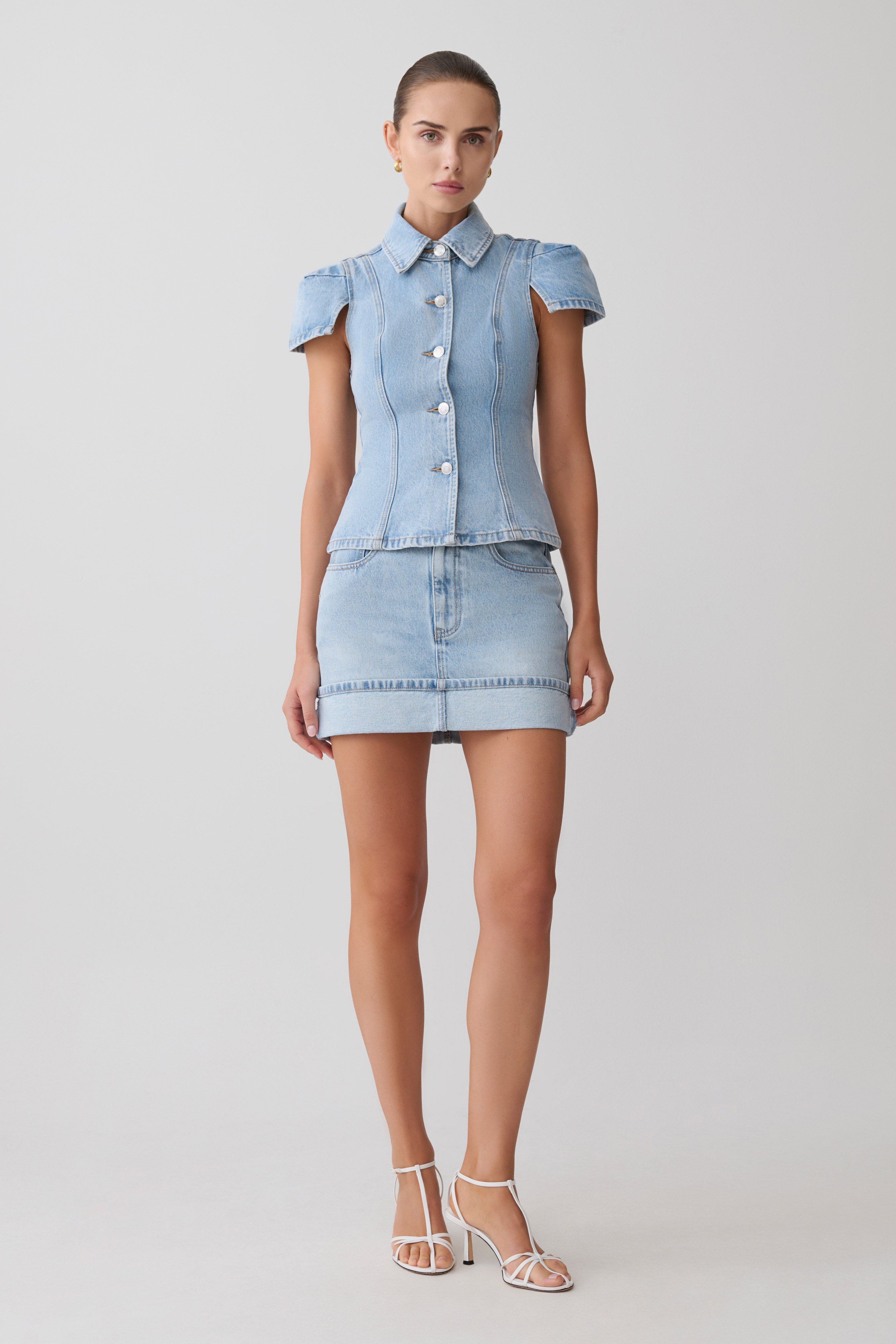 Lakoda Cuffed Denim Mini Skirt - Washed Light Blue - Image 3