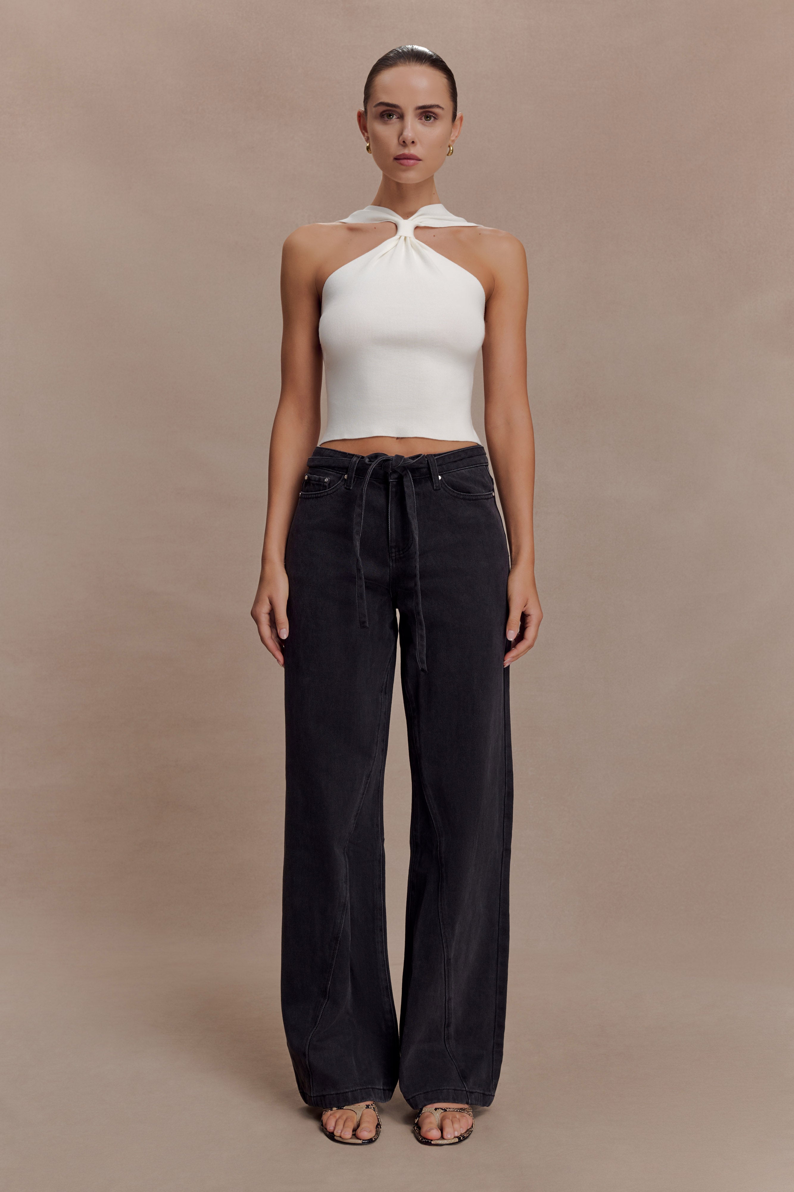 Perrie Mid Rise Straight Leg Tie Jeans - Washed Black - Image 7
