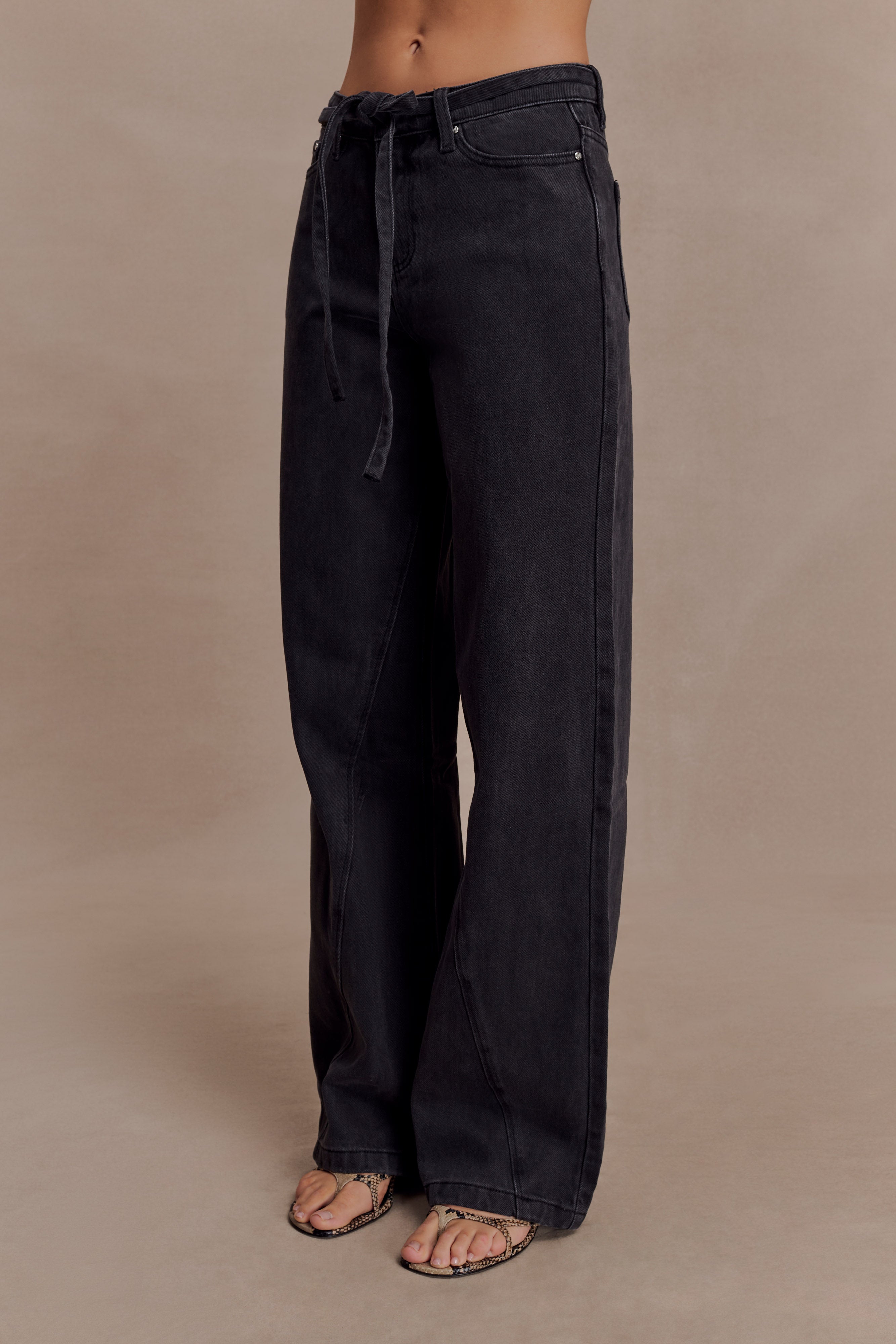 Perrie Mid Rise Straight Leg Tie Jeans - Washed Black - Image 3