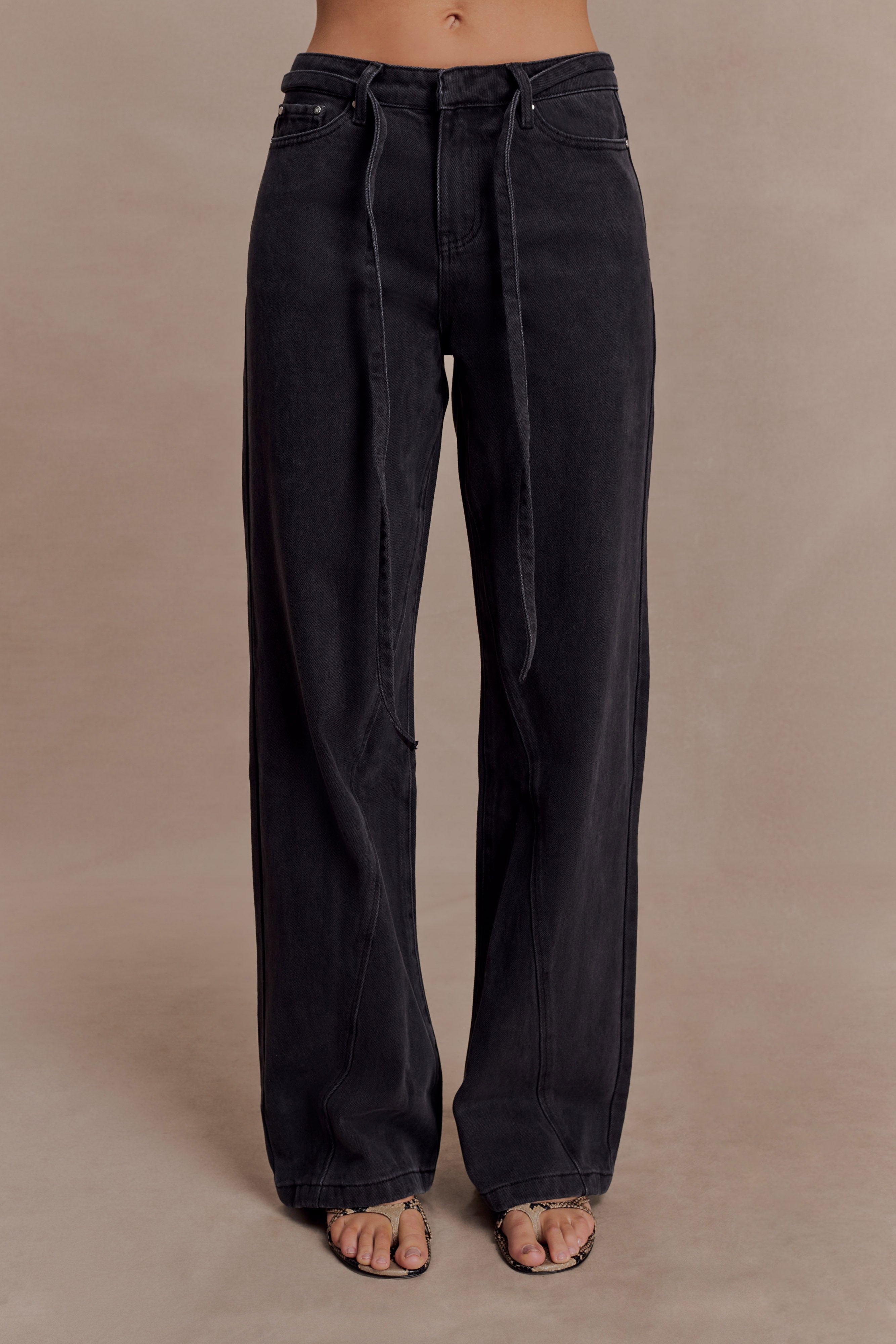 Perrie Mid Rise Straight Leg Tie Jeans - Washed Black - Image 4