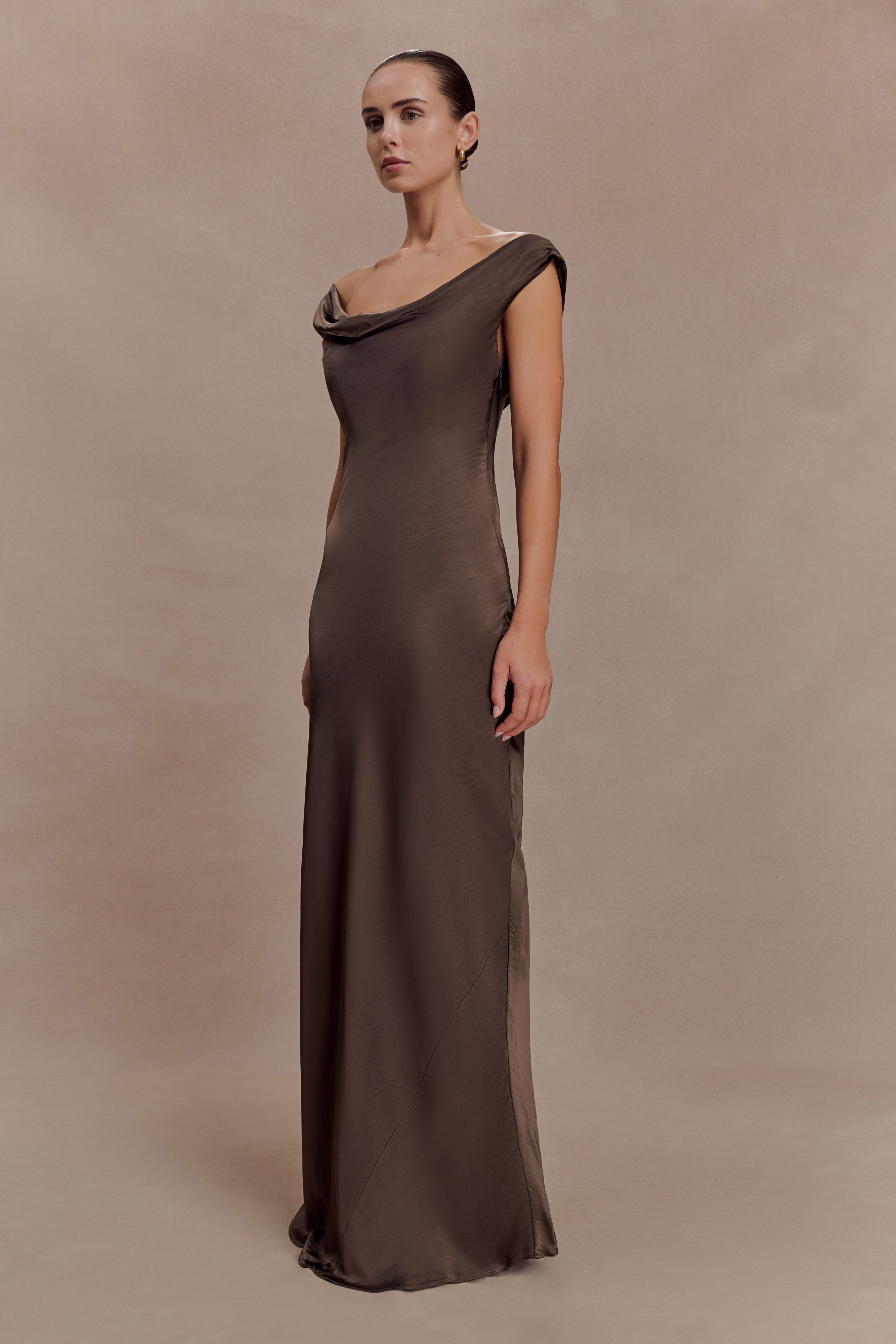 Ashley Cowl Neck Lace And Satin Maxi Dress - Mocha - Image 3