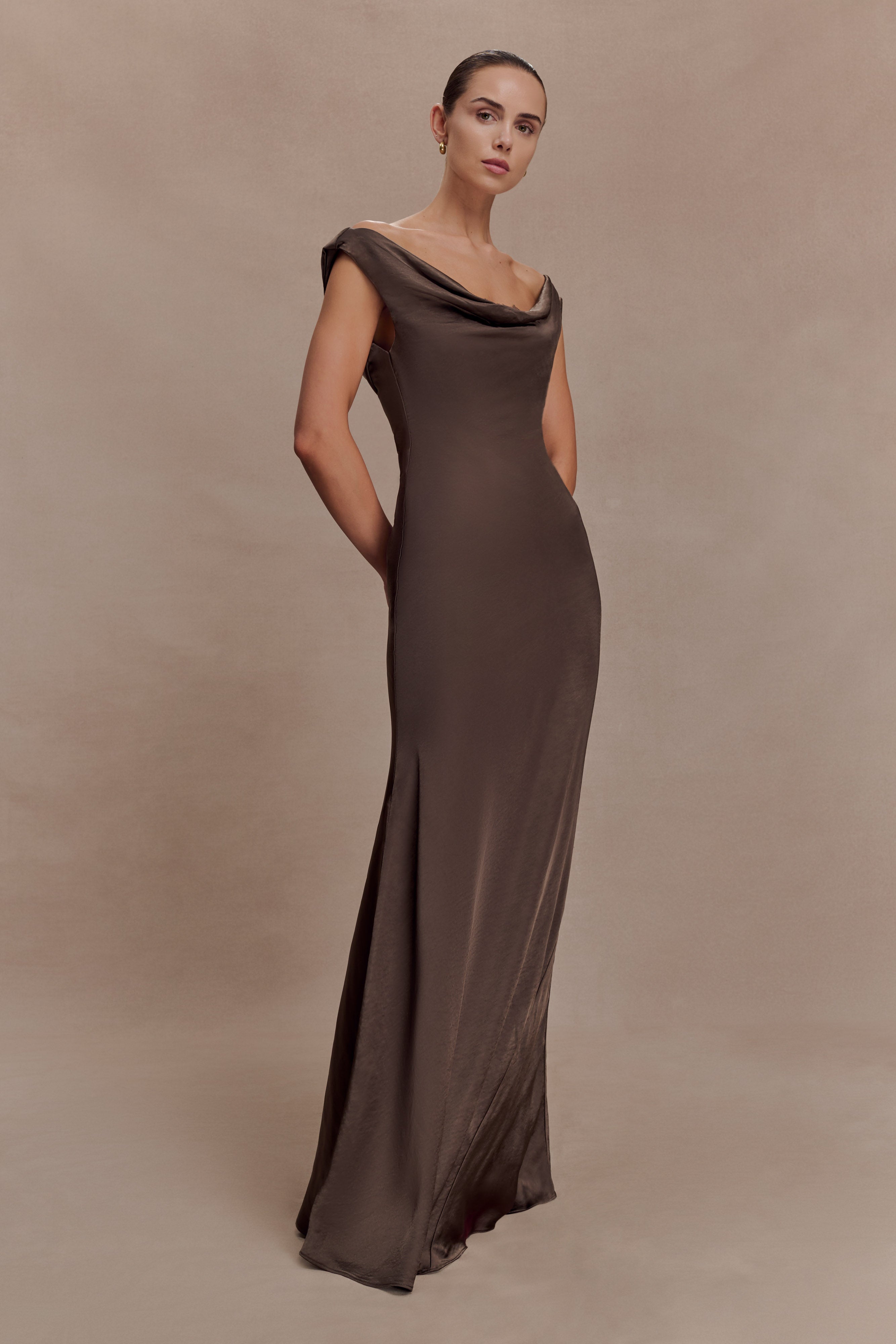 Ashley Cowl Neck Lace And Satin Maxi Dress - Mocha - Image 5