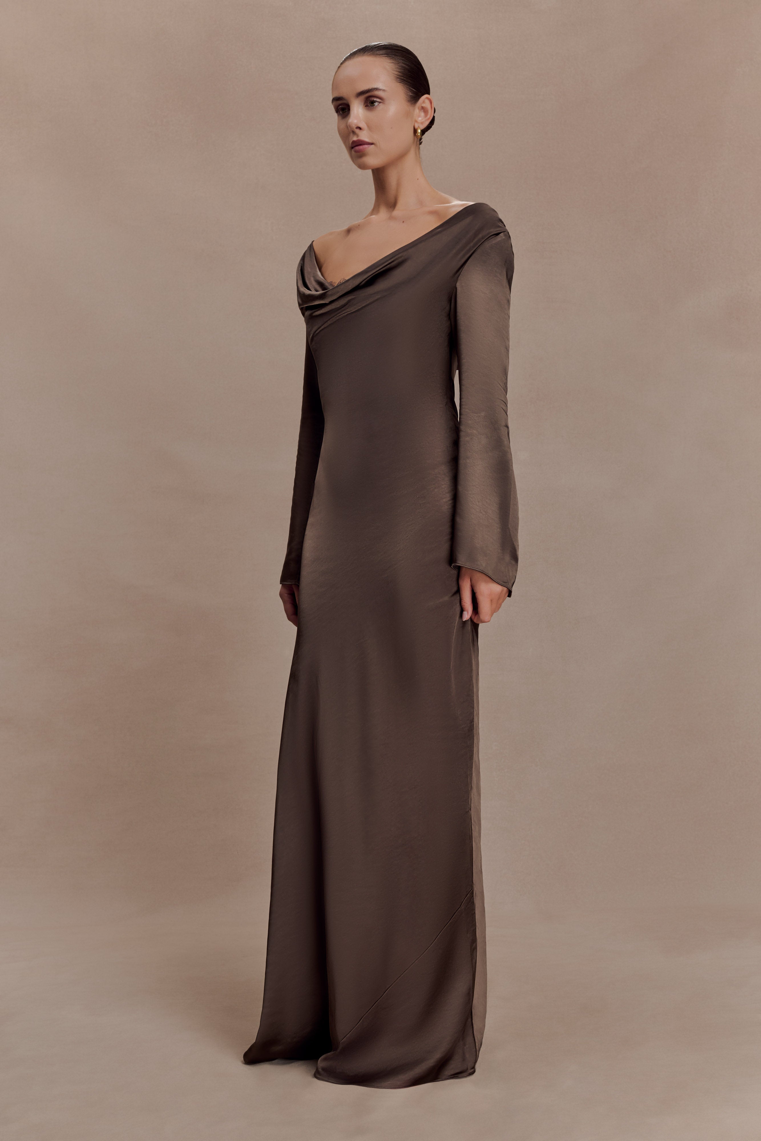 Eliza Long Sleeve Cowl Lace And Satin Maxi Dress - Mocha - Image 4