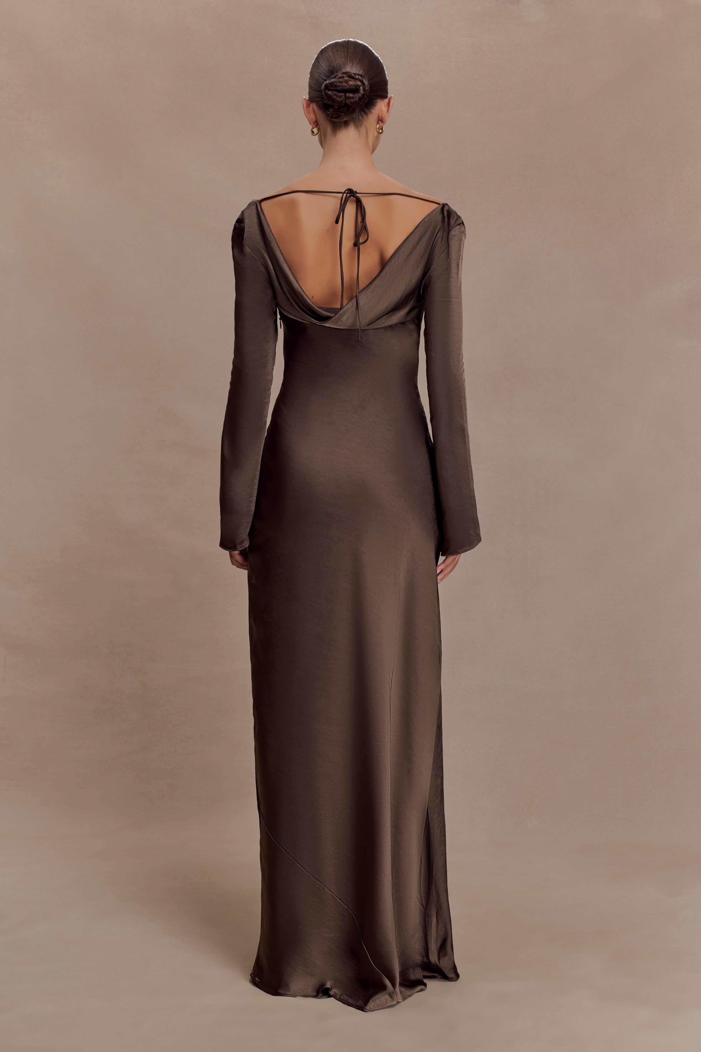 Eliza Long Sleeve Cowl Lace And Satin Maxi Dress - Mocha - Image 5