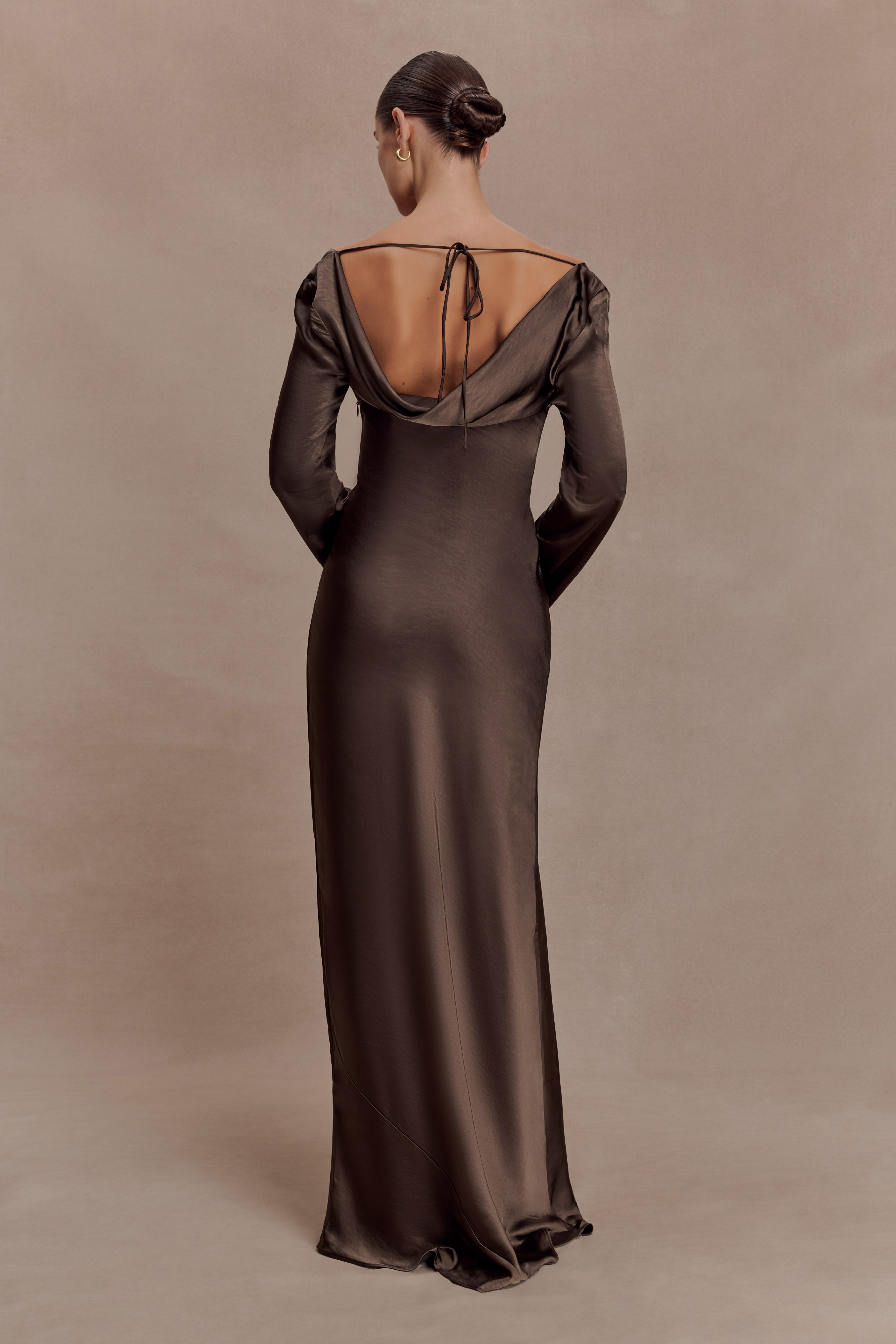 Eliza Long Sleeve Cowl Lace And Satin Maxi Dress - Mocha - Image 6