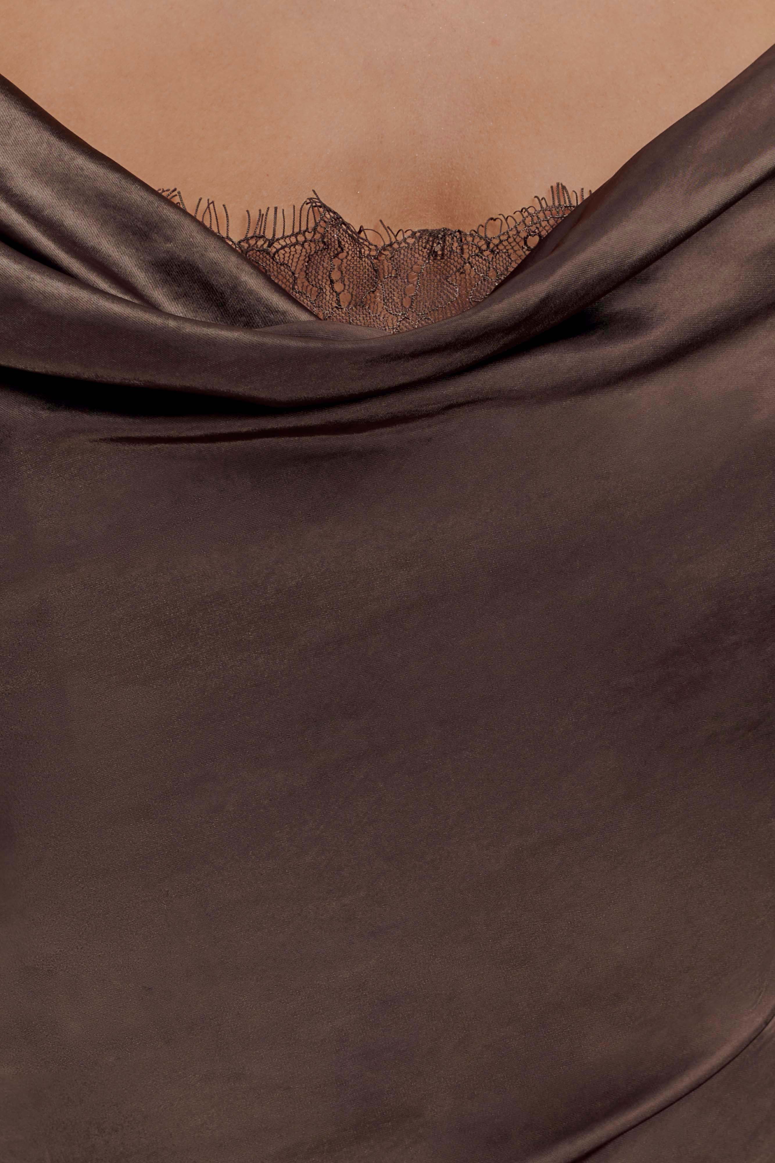 Eliza Long Sleeve Cowl Lace And Satin Maxi Dress - Mocha - Image 11