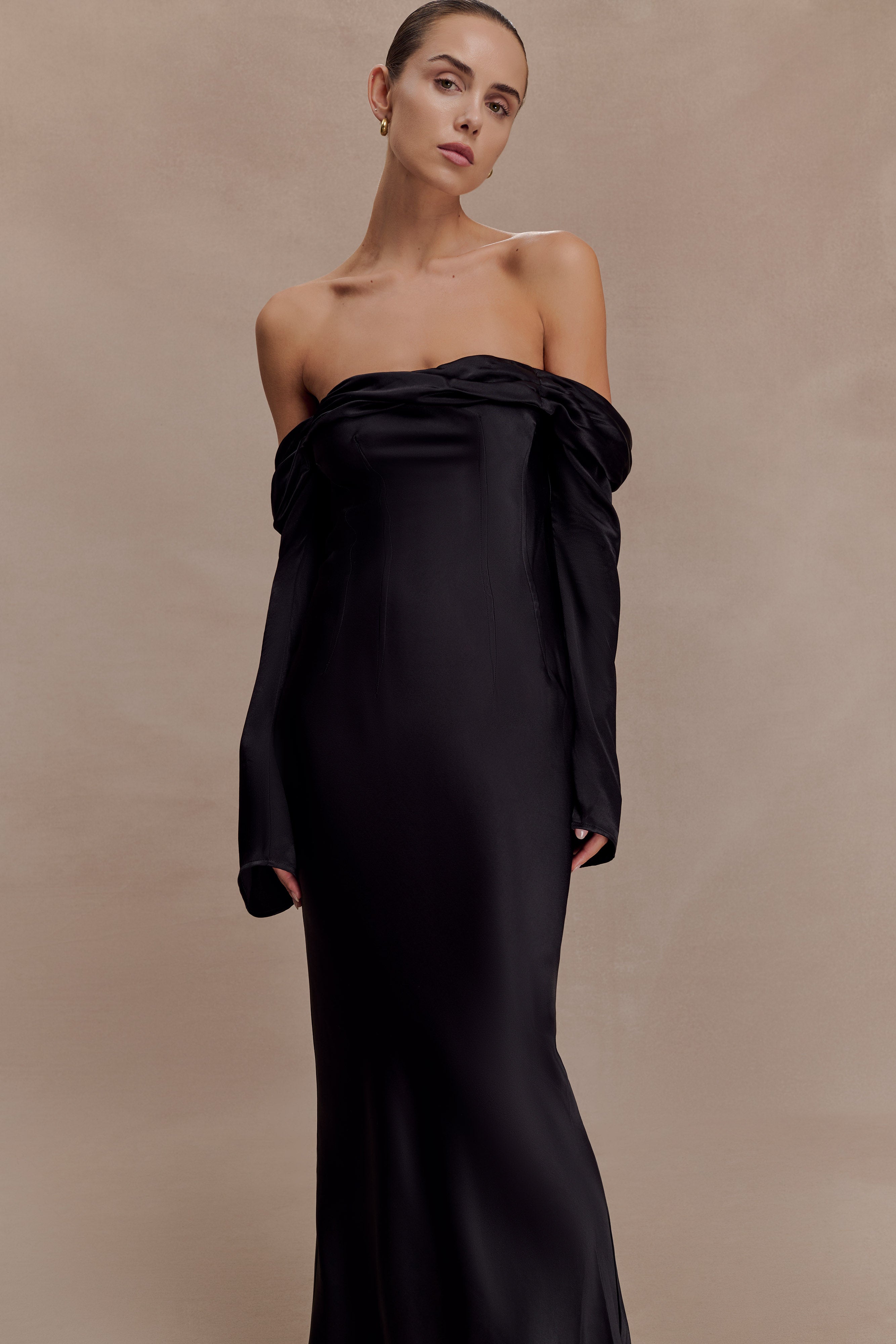 Giselle Off Shoulder Cowl Neck Maxi Dress - Black - Image 6