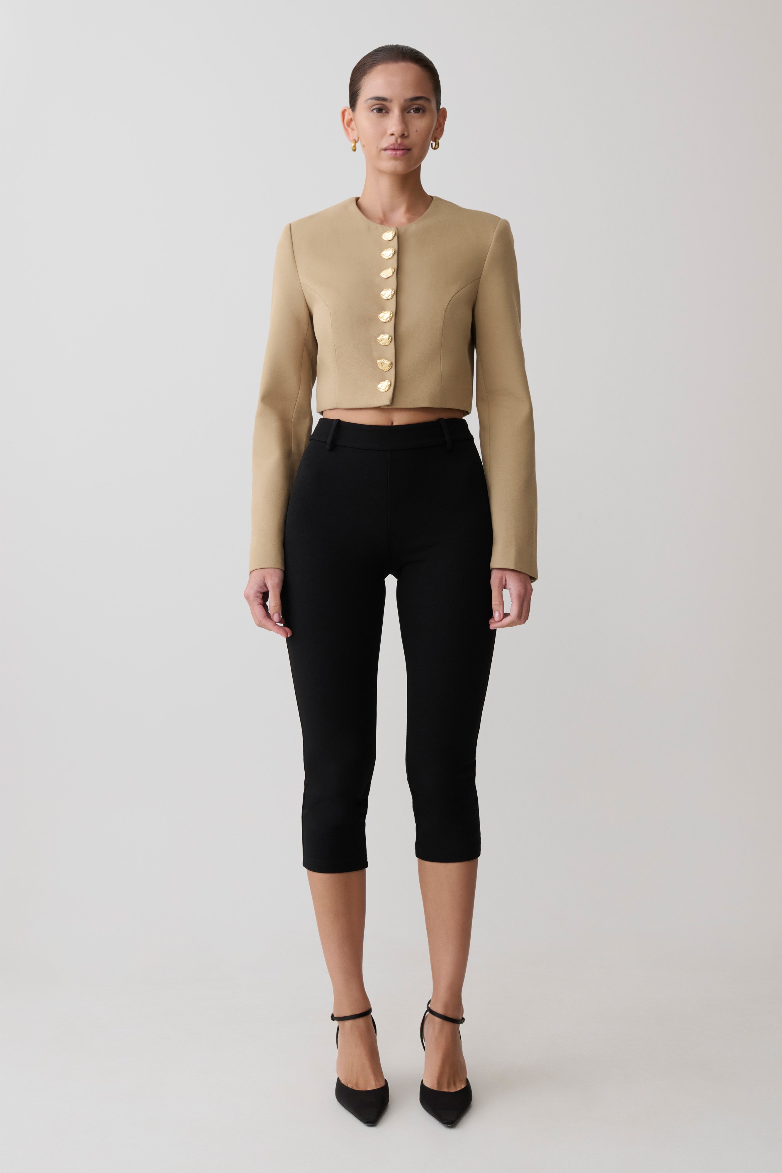 Marielle Button Up Cropped Jacket - Taupe - Image 3