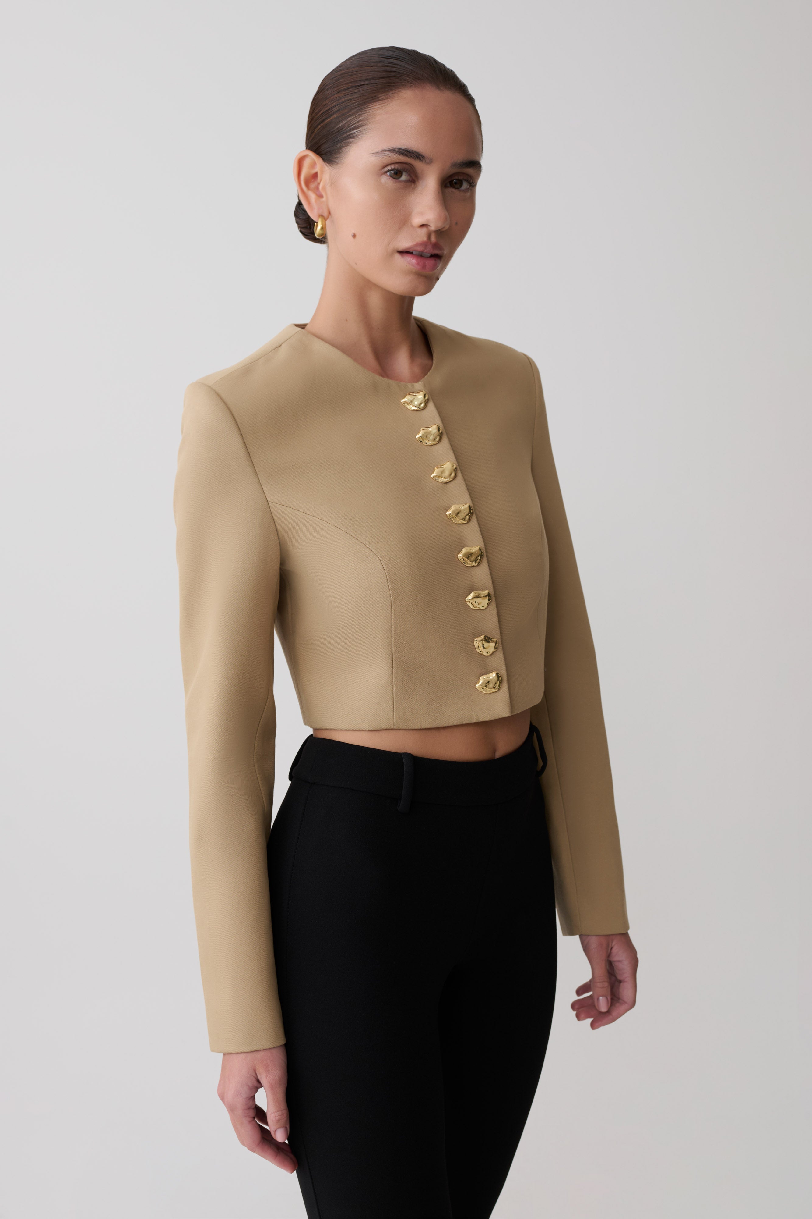 Marielle Button Up Cropped Jacket - Taupe - Image 5