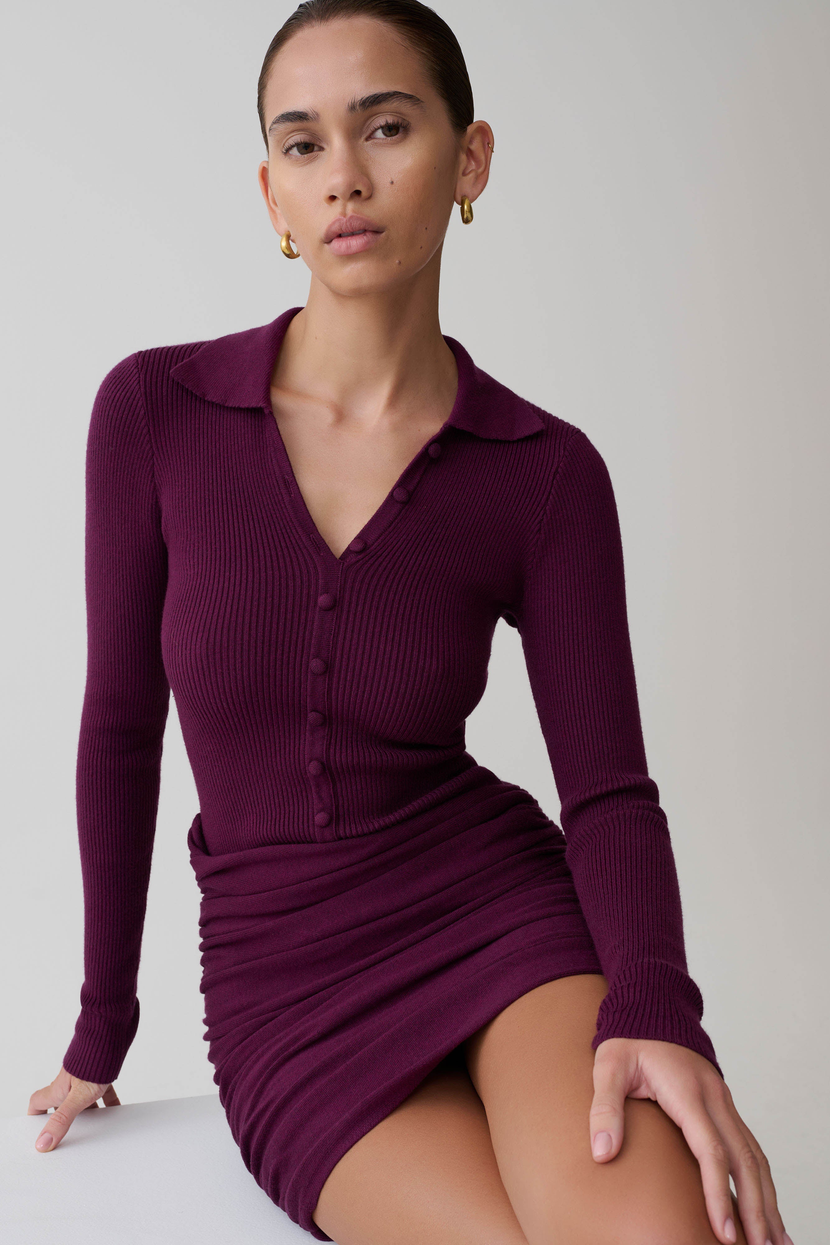 Agness Long Sleeve Button Up Knit Dress - Plum - Image 6