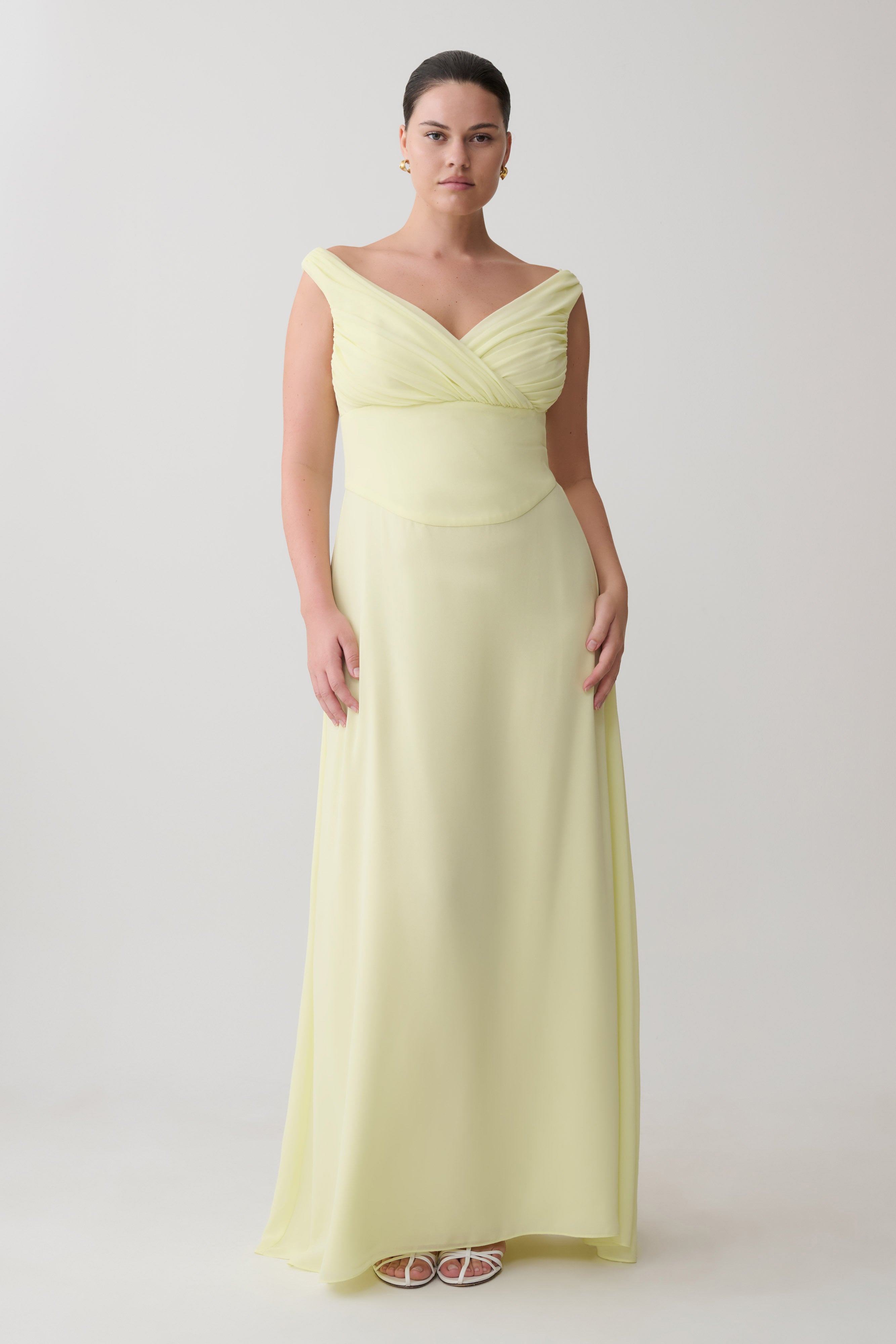 Mabel Off Shoulder Chiffon Maxi Dress - Lemon - Image 6