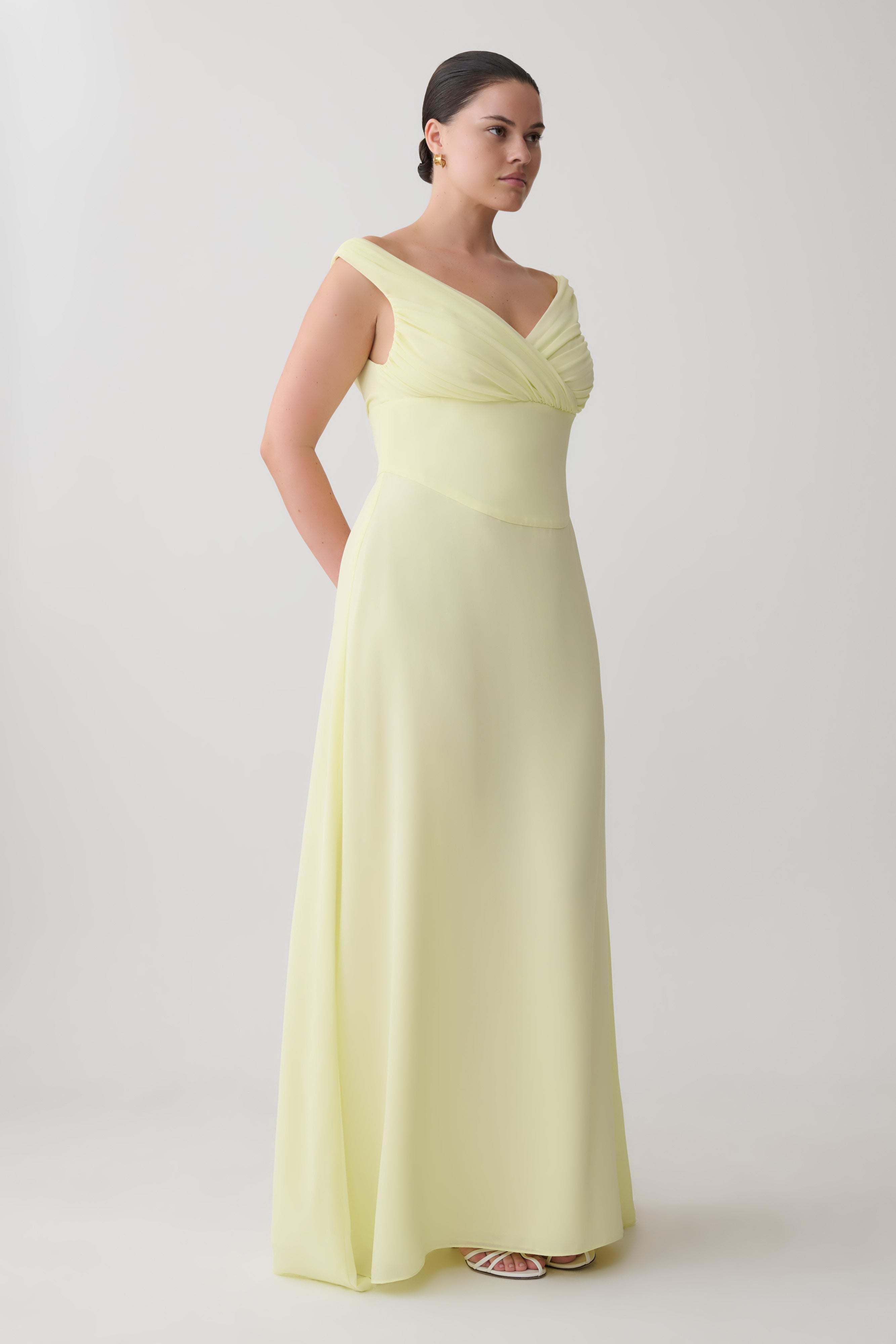 Mabel Off Shoulder Chiffon Maxi Dress - Lemon - Image 5