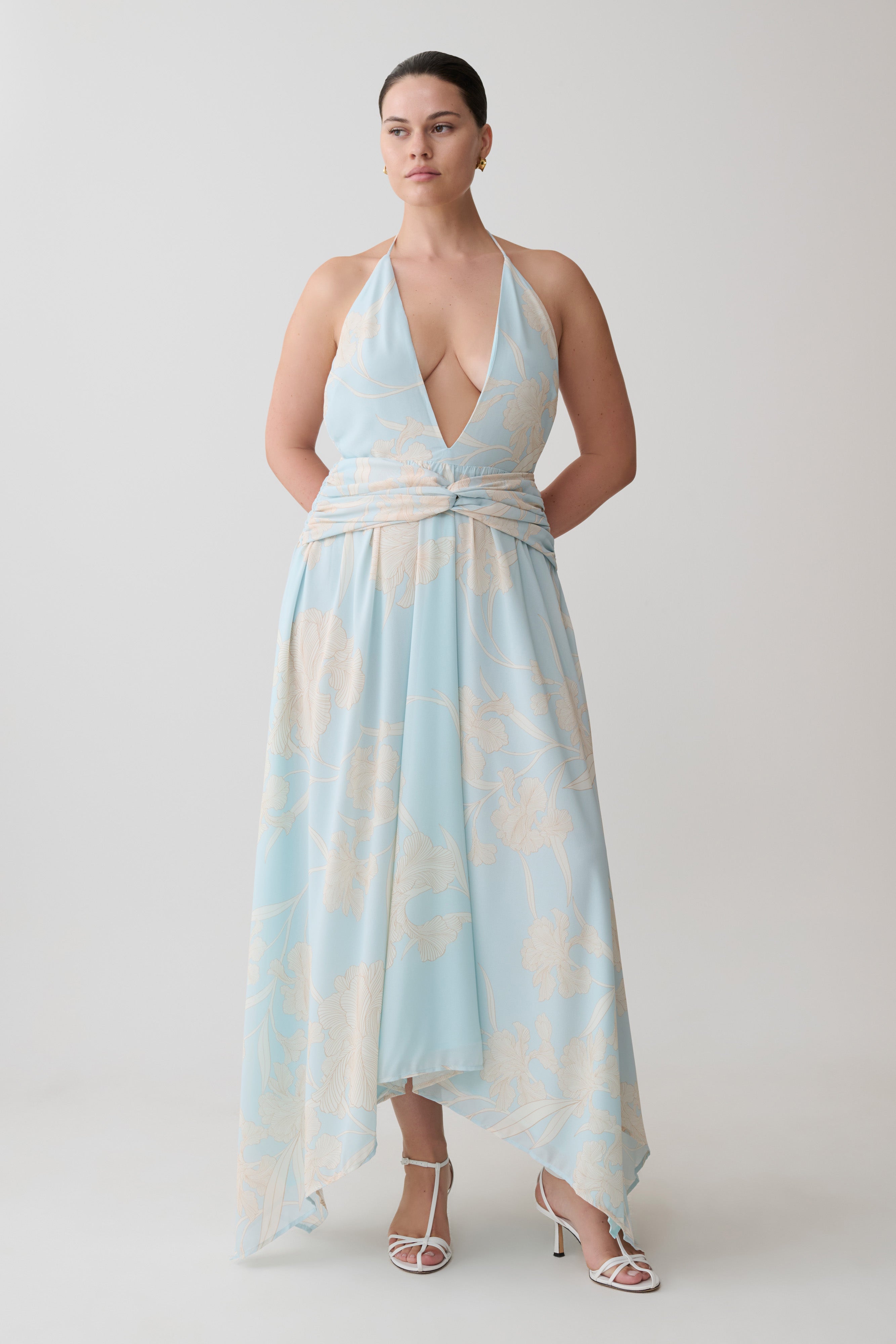 Alternative view of Cyra Plunge Chiffon Midi Dress - Blue Floral Print