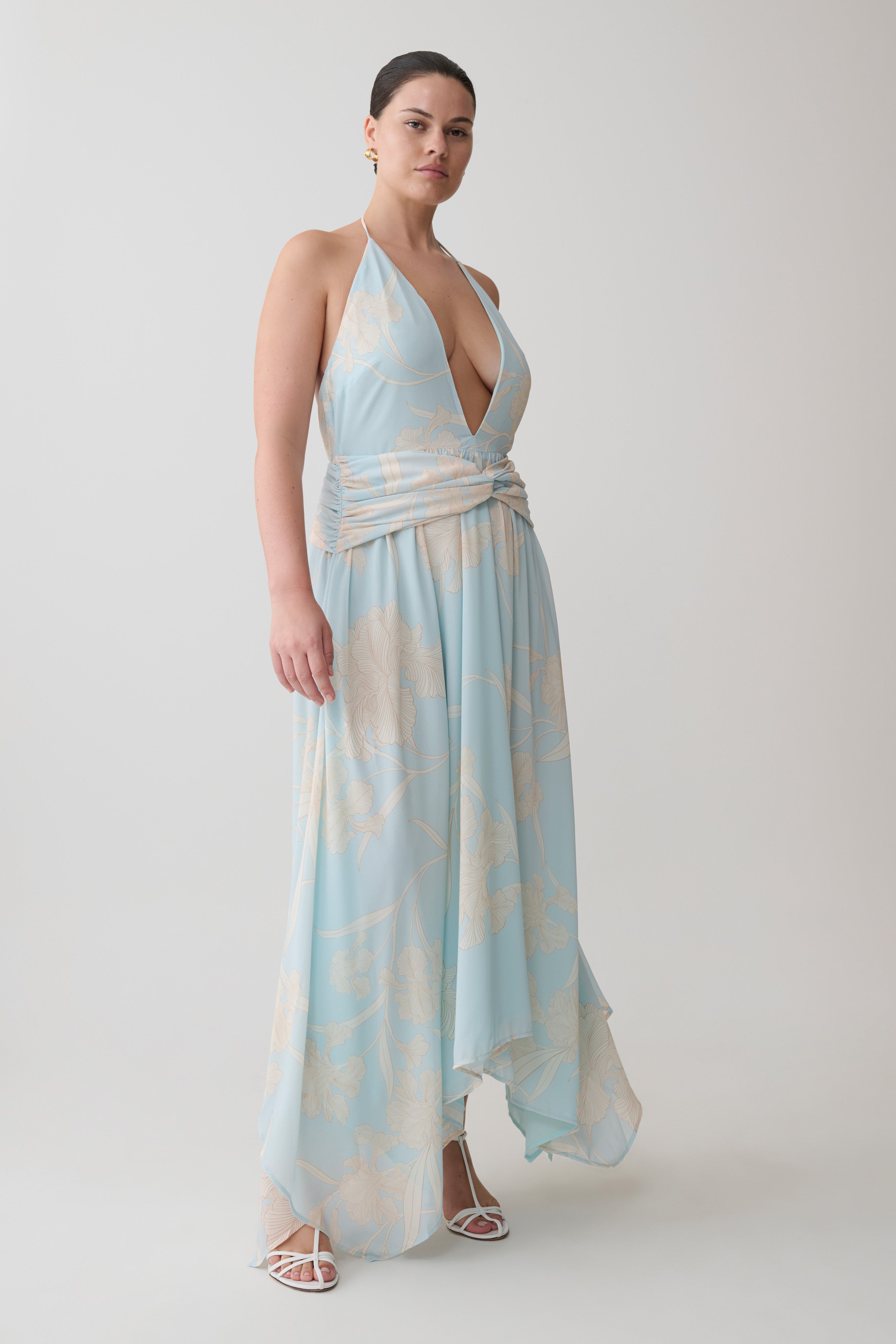Cyra Plunge Chiffon Midi Dress - Blue Floral Print - Image 9