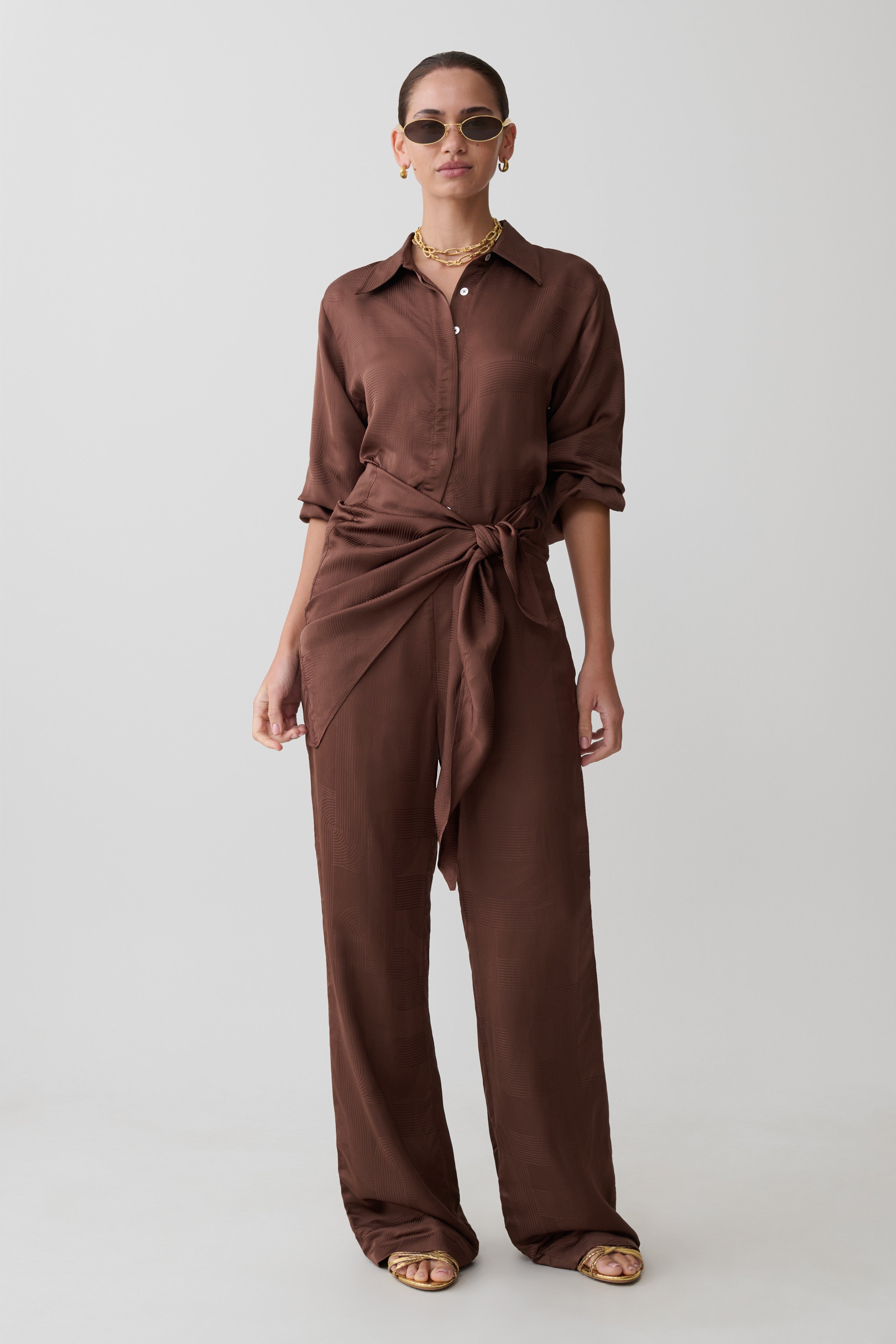 Gia Long Sleeve Satin Shirt - Chocolate - Image 4