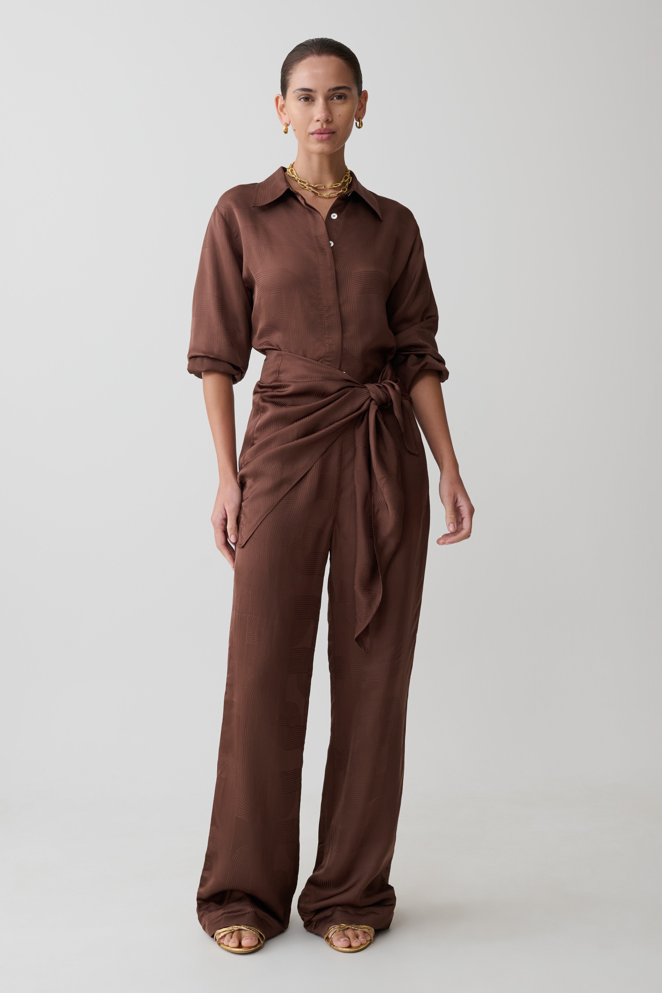 Gia Long Sleeve Satin Shirt - Chocolate - Image 5
