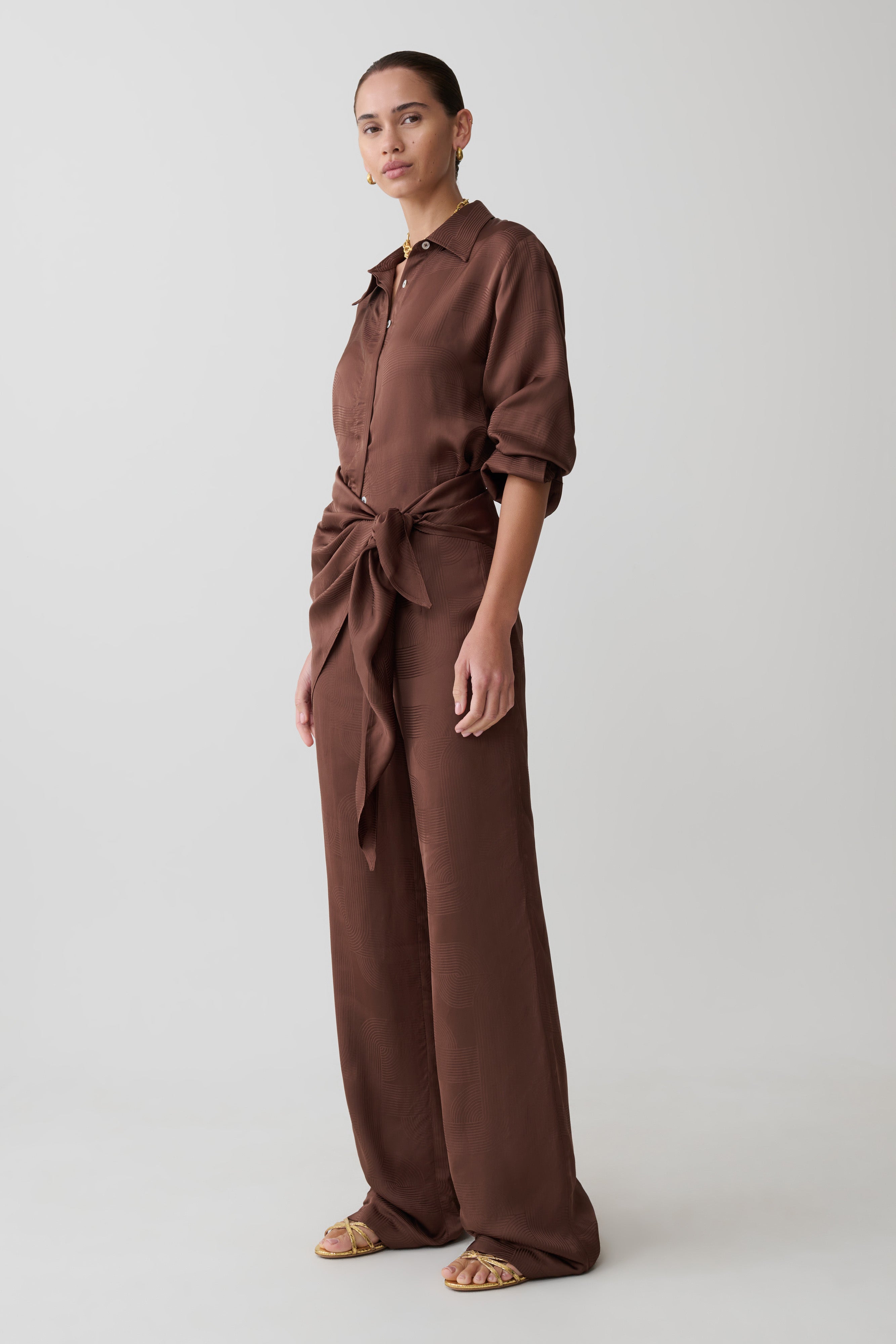 Gia Long Sleeve Satin Shirt - Chocolate - Image 6