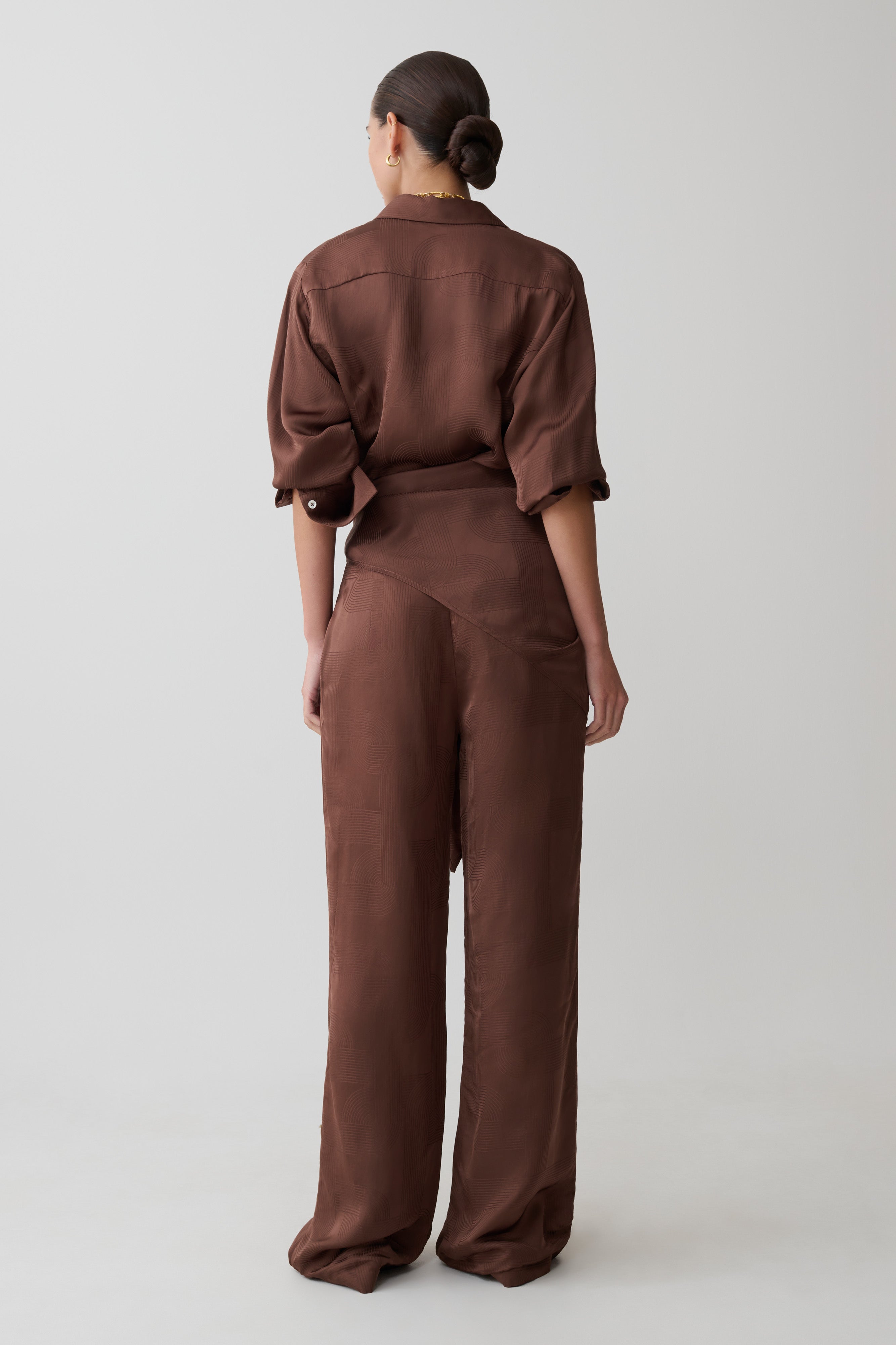 Gia Long Sleeve Satin Shirt - Chocolate - Image 3