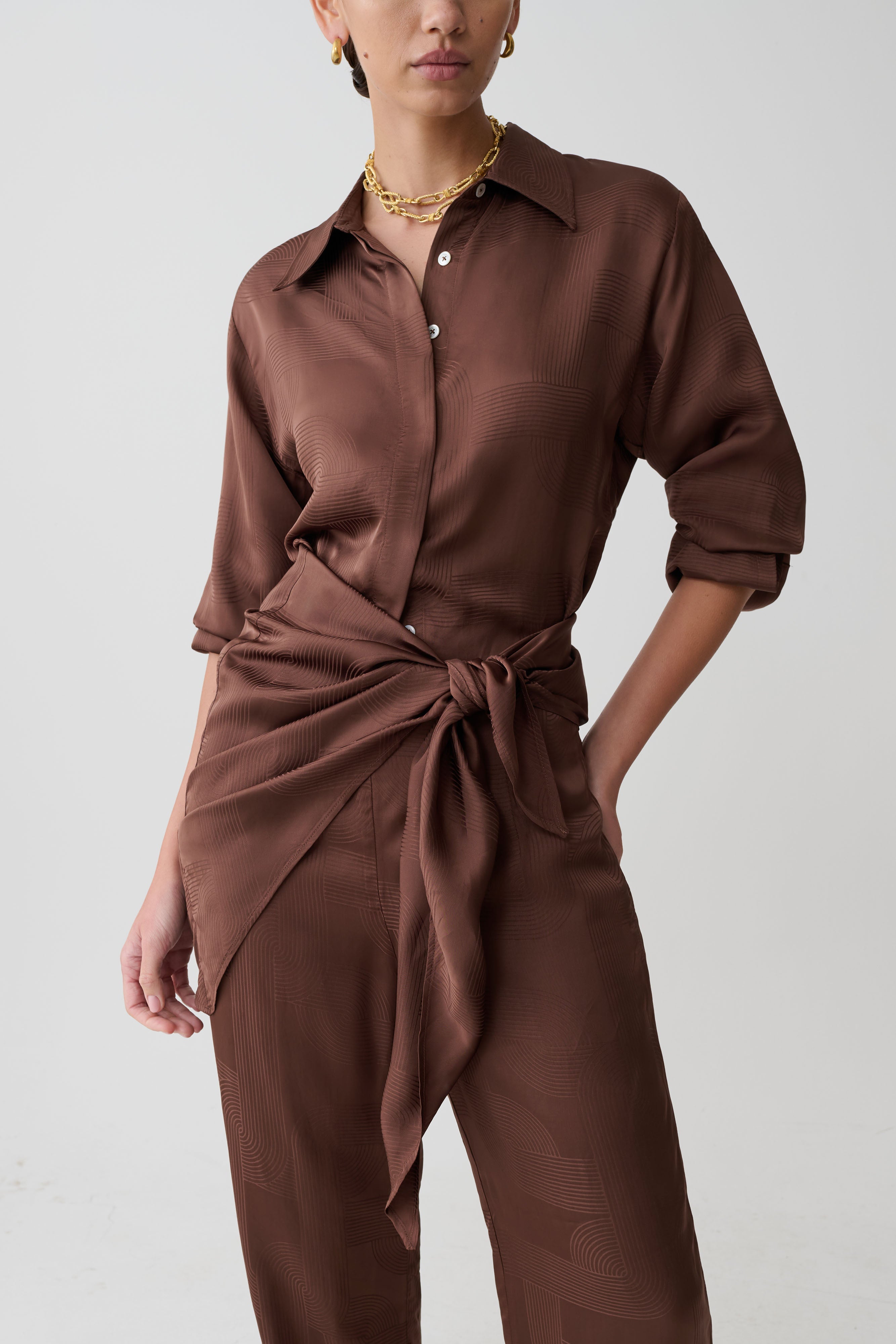 Gia Long Sleeve Satin Shirt - Chocolate - Image 2
