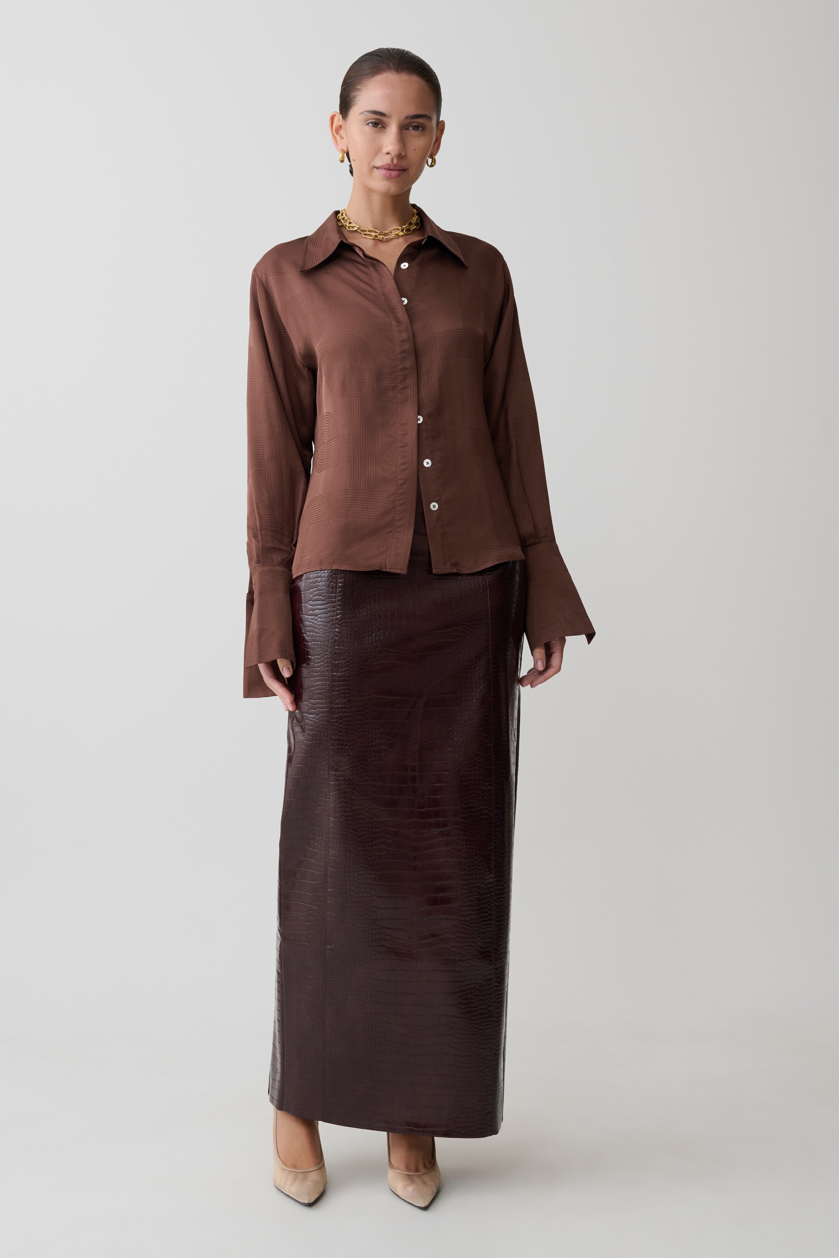 Gia Long Sleeve Satin Shirt - Chocolate - Image 7
