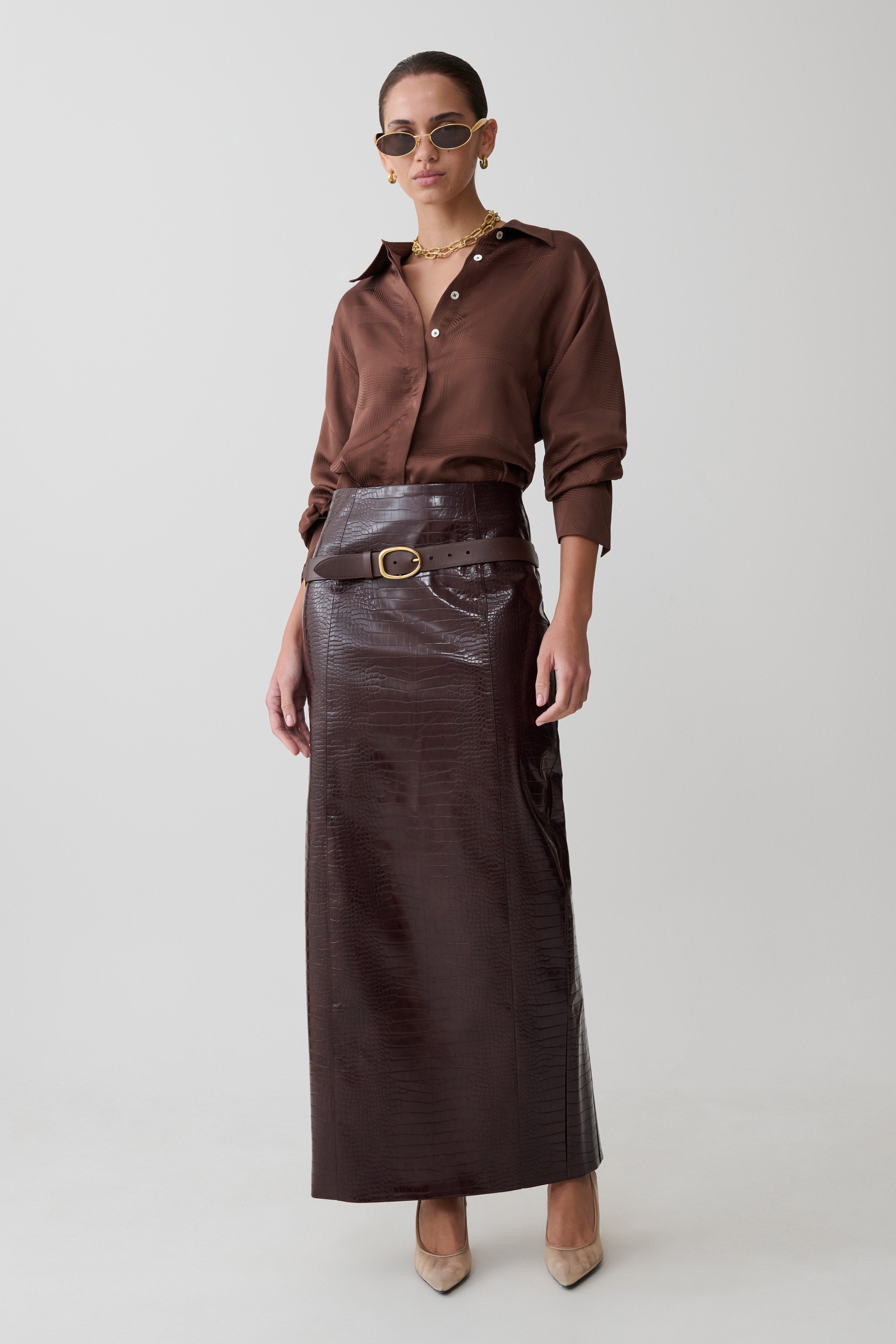 Gia Long Sleeve Satin Shirt - Chocolate - Image 8