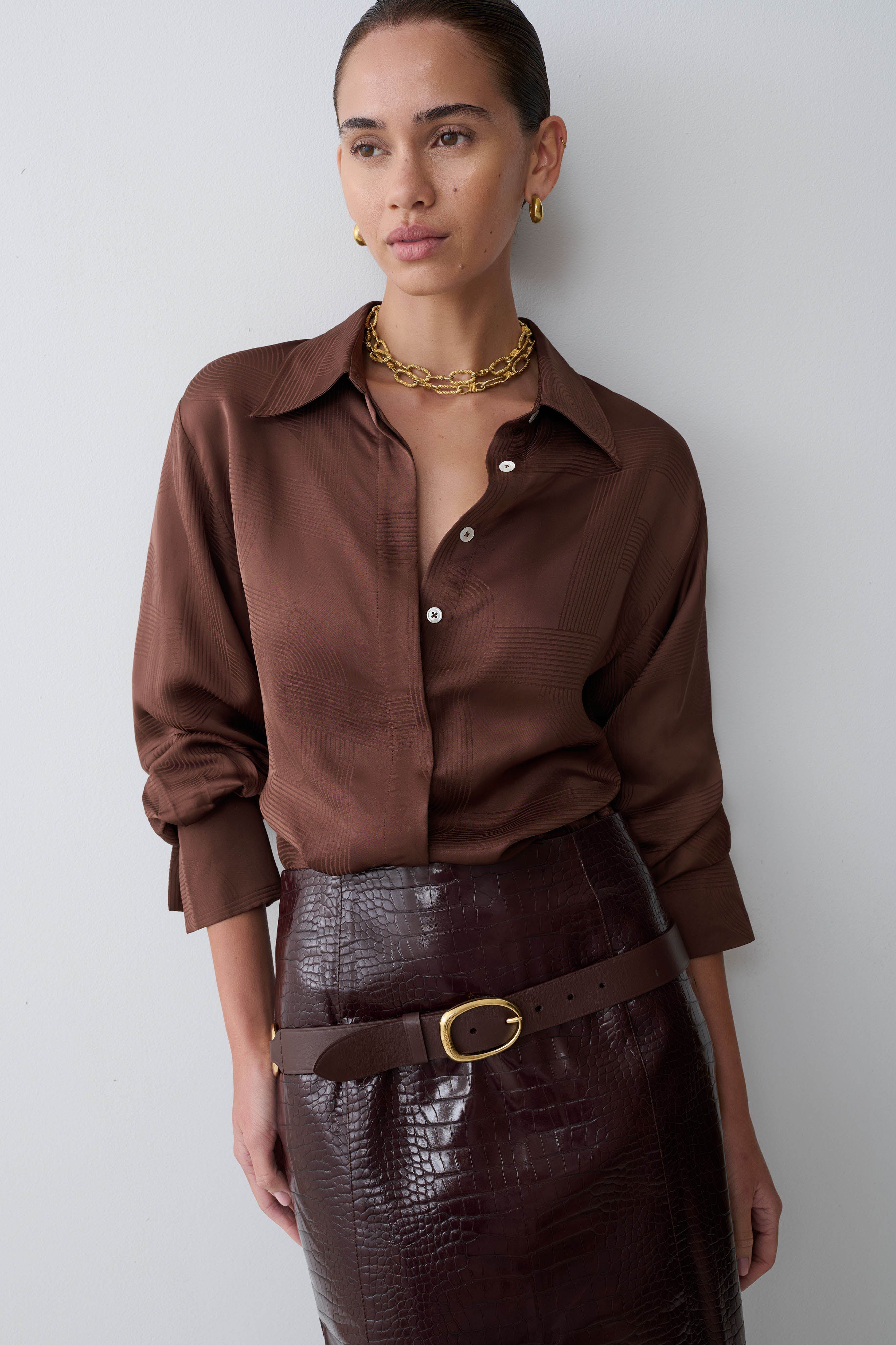 Gia Long Sleeve Satin Shirt - Chocolate - Image 9