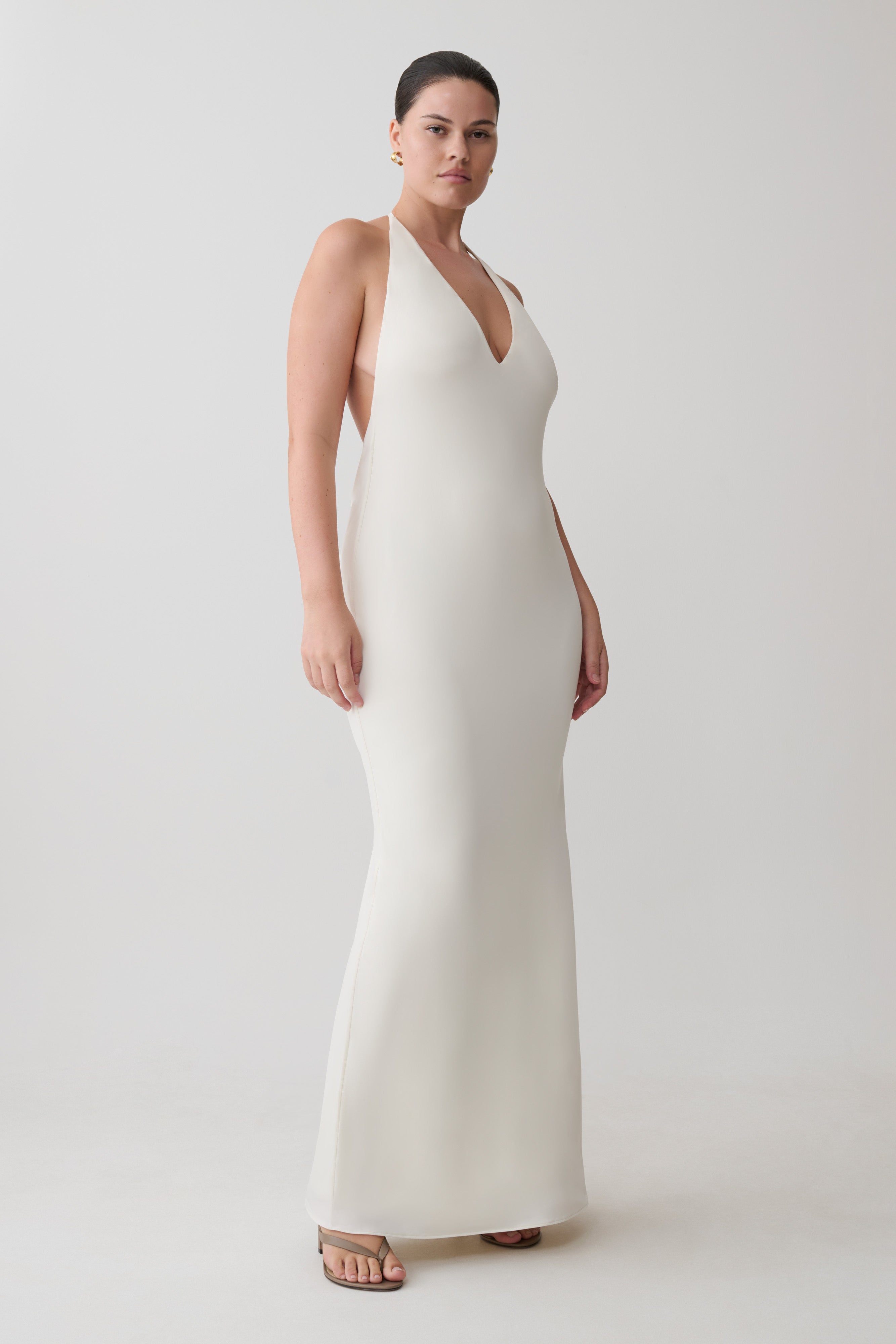 Hana Slinky Plunge Maxi Dress - Ivory - Image 9