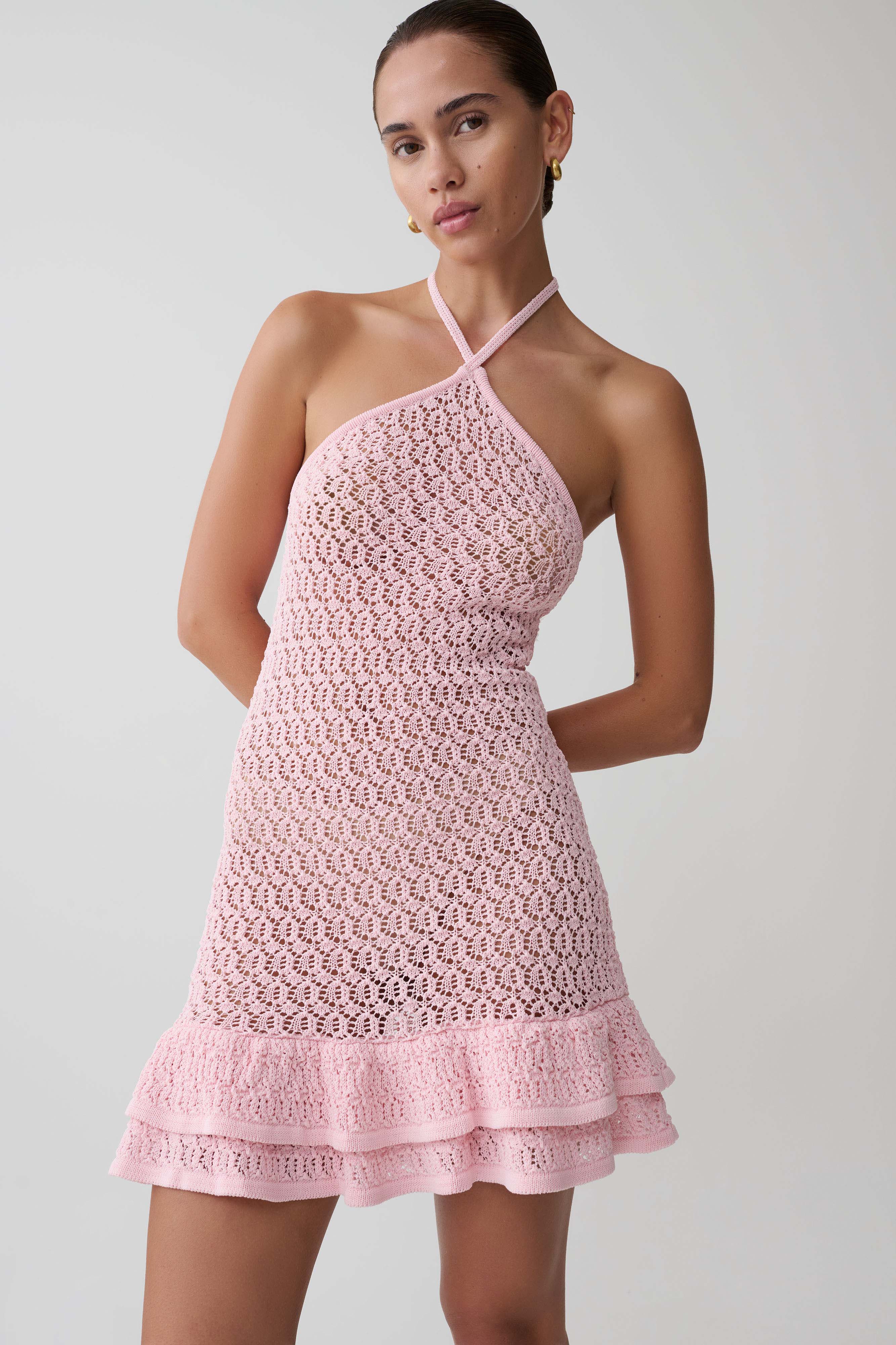 Carrisa Crochet Knit Mini Dress - Baby Pink - Image 4