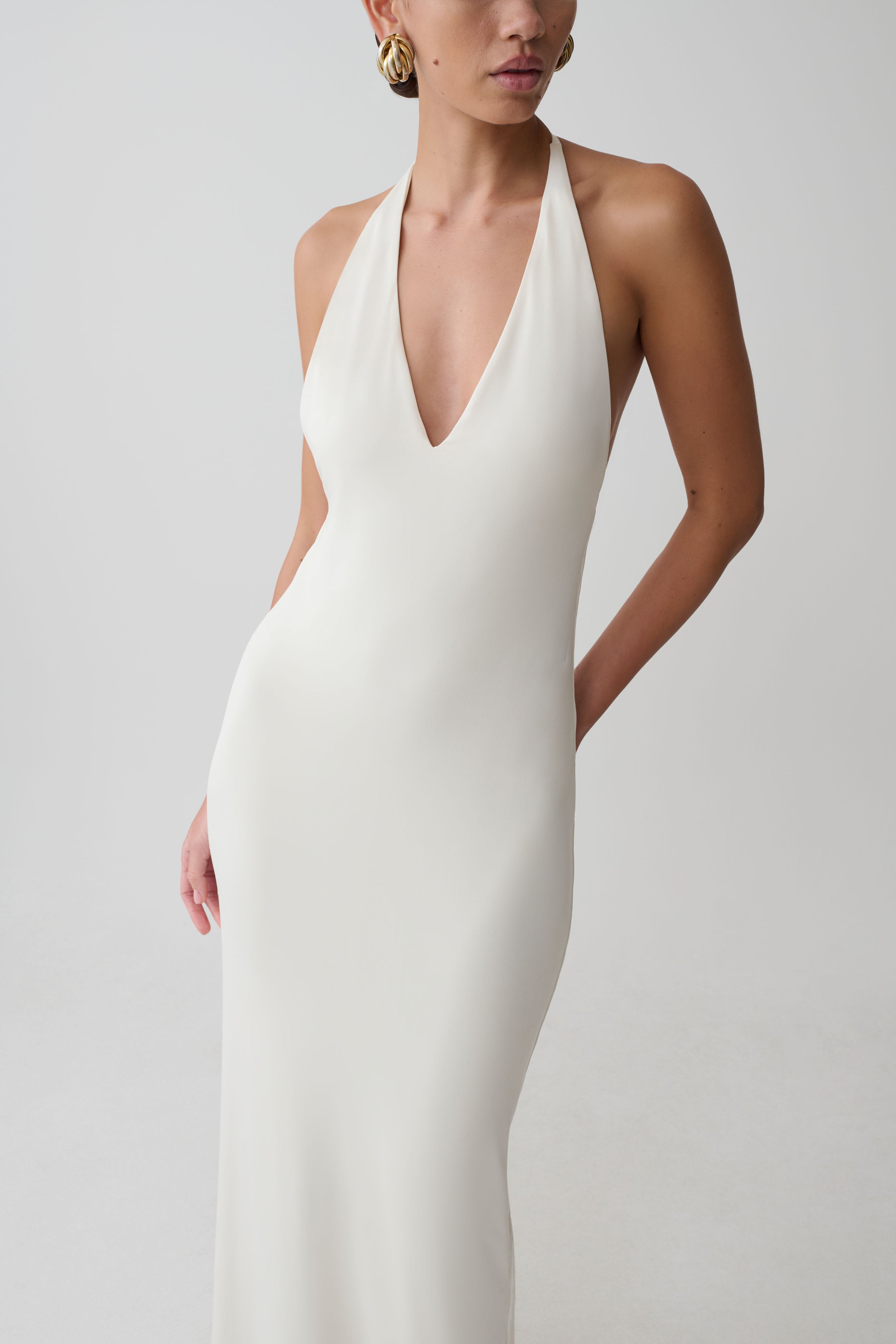 Hana Slinky Plunge Maxi Dress - Ivory - Image 3