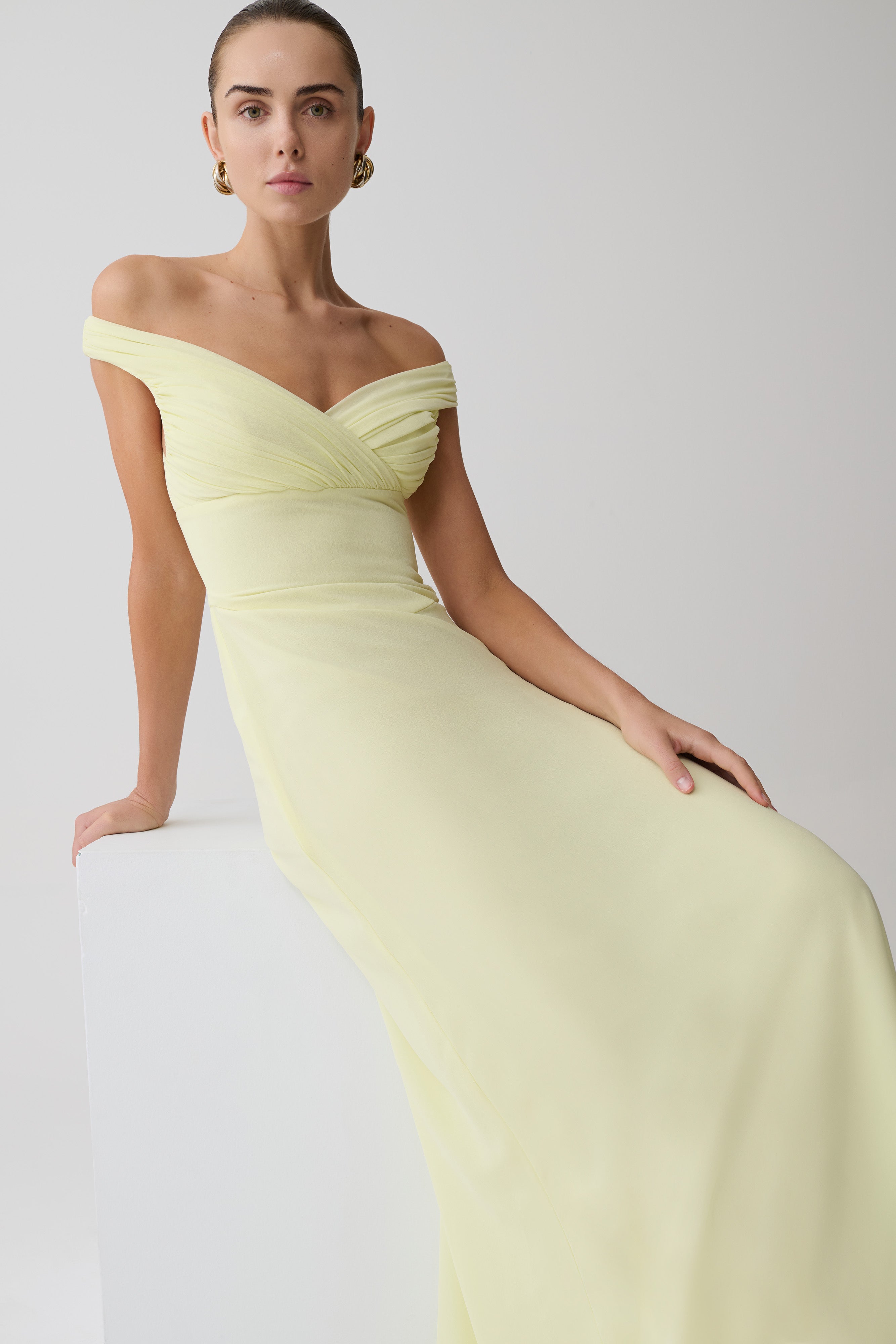 Mabel Off Shoulder Chiffon Maxi Dress - Lemon - Image 10