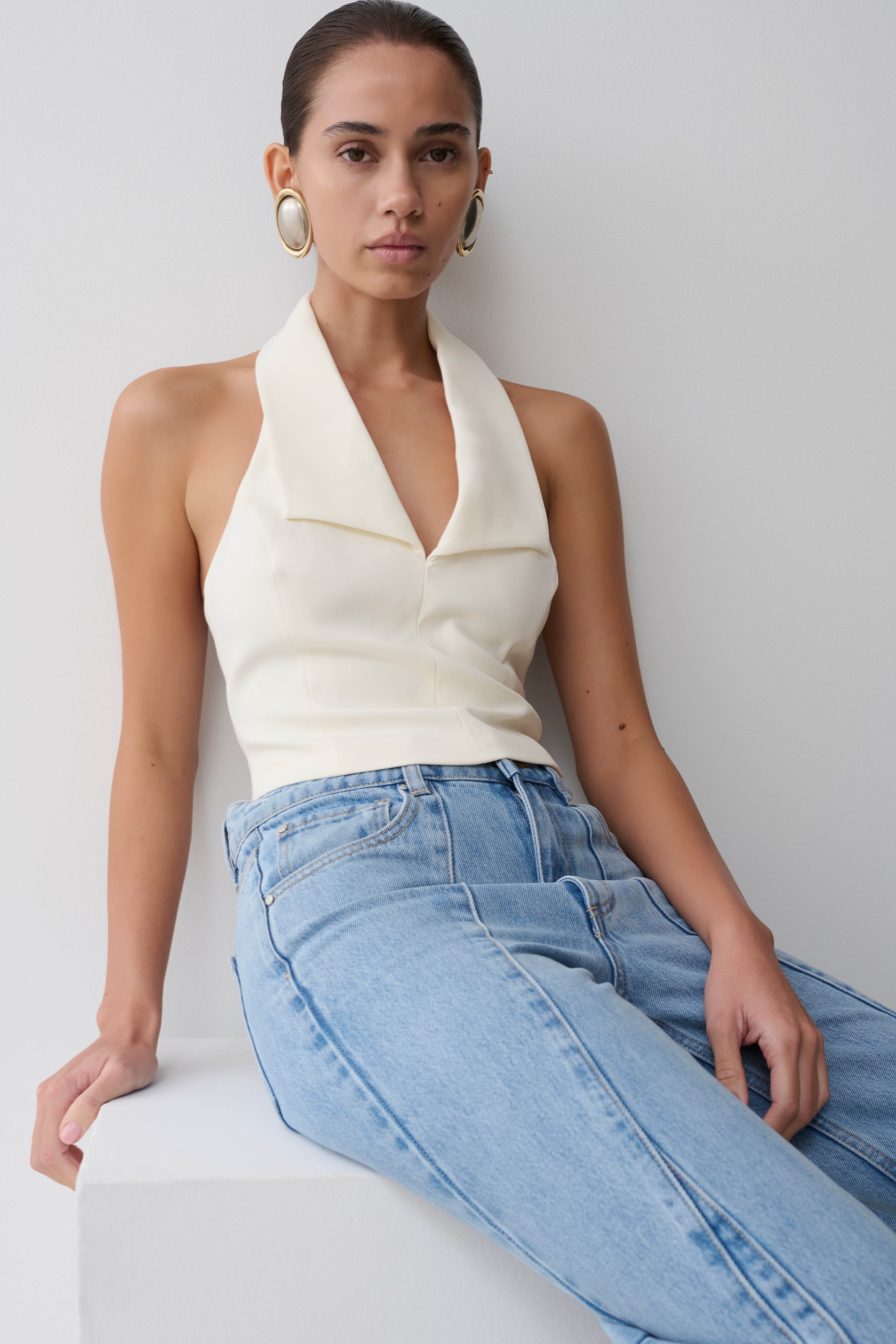 Calla Collared Sleeveless Halter Top - Ivory - Image 7