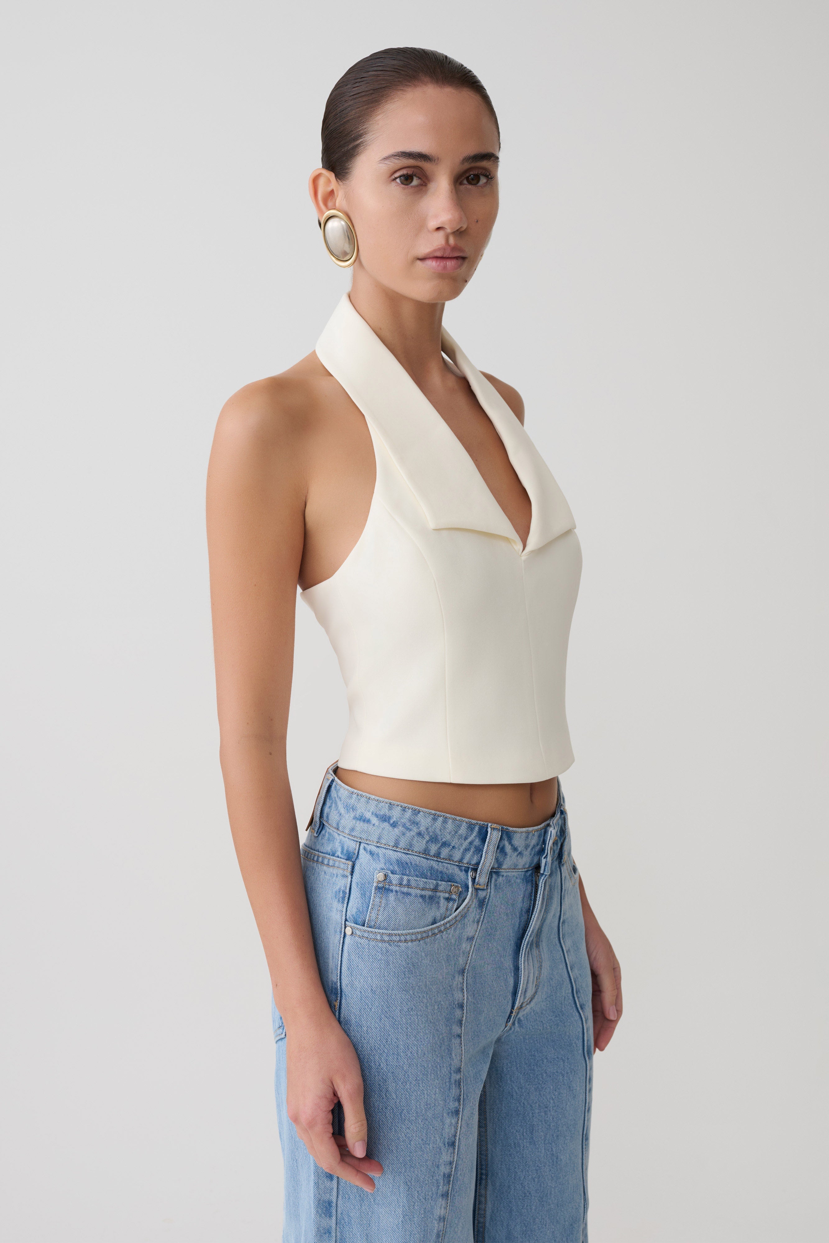 Calla Collared Sleeveless Halter Top - Ivory - Image 3