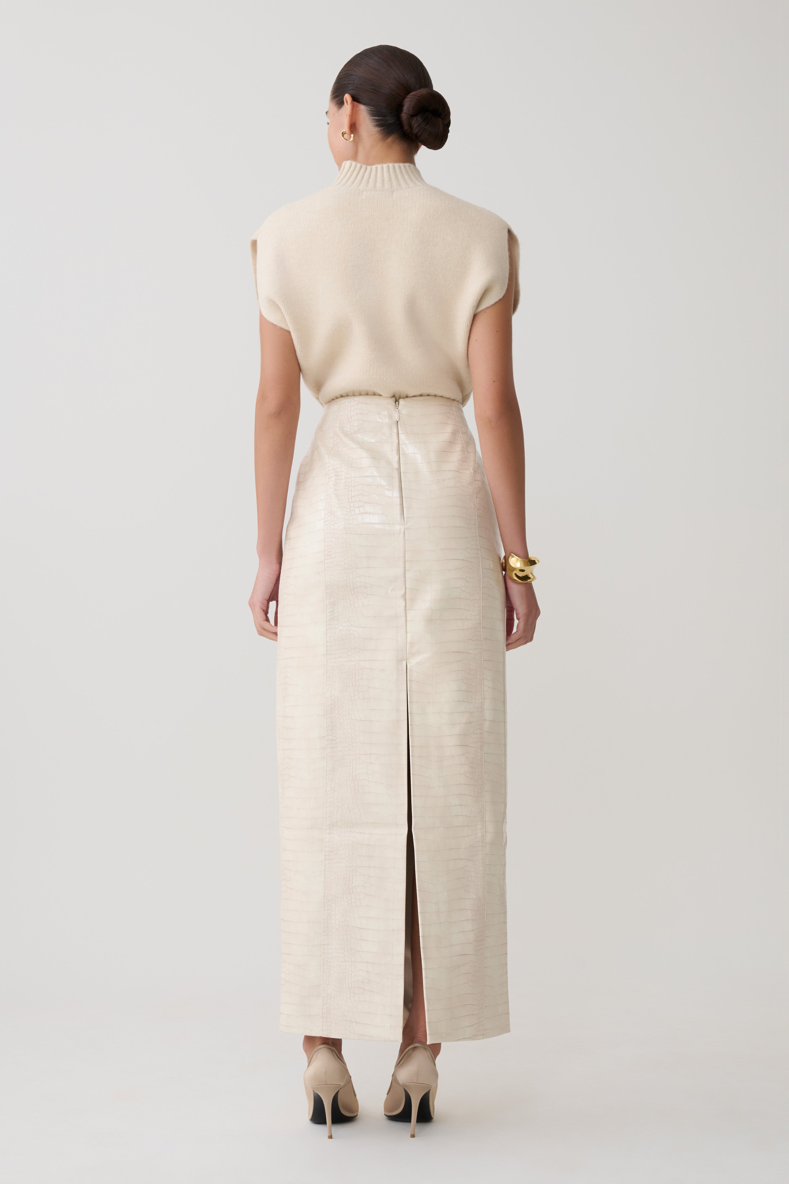 Alternative view of Thalia Croc Faux Leather Midi Skirt - Ivory