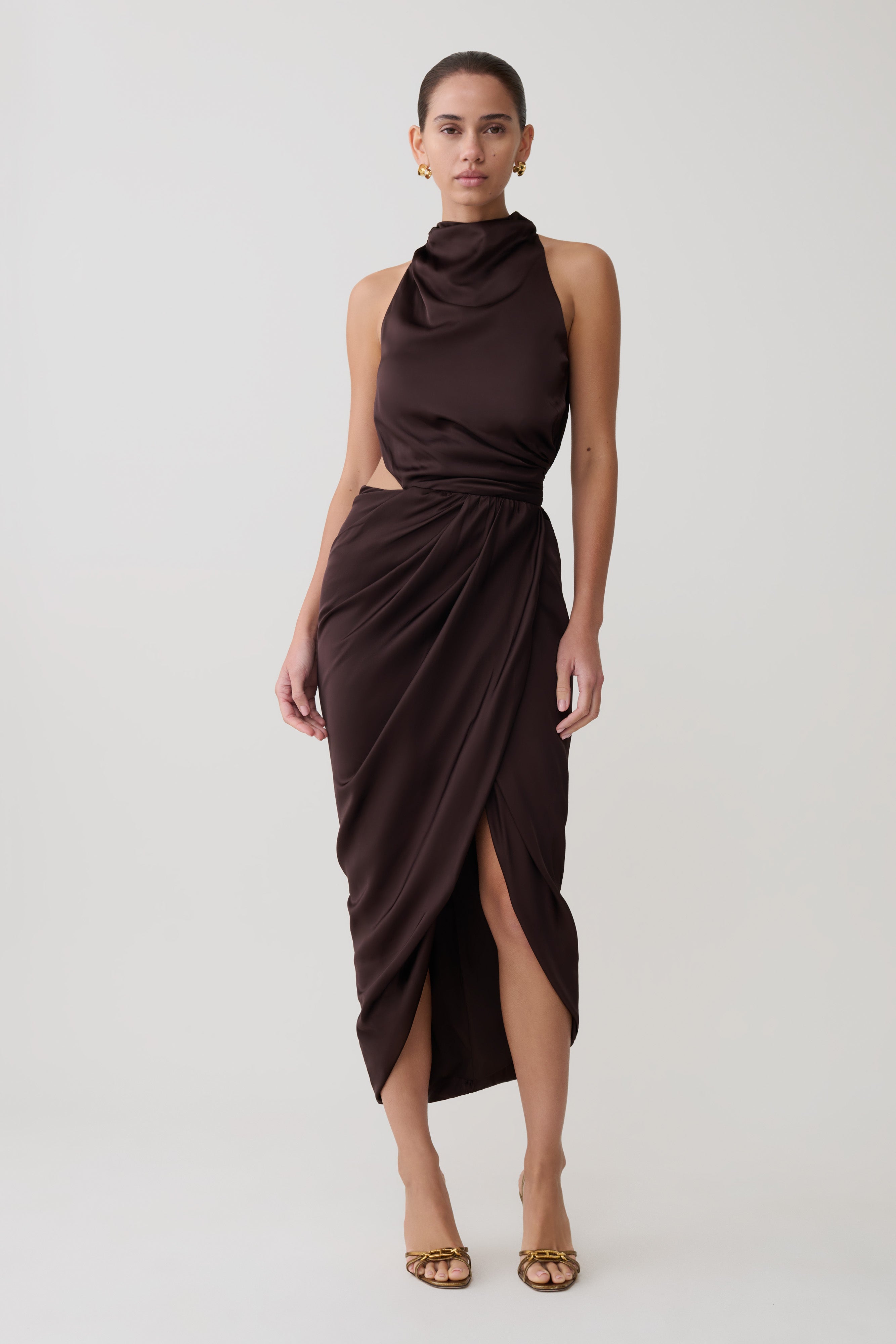 Alternative view of Aveline Draped Halter Midi Dress - Dark Chocolate