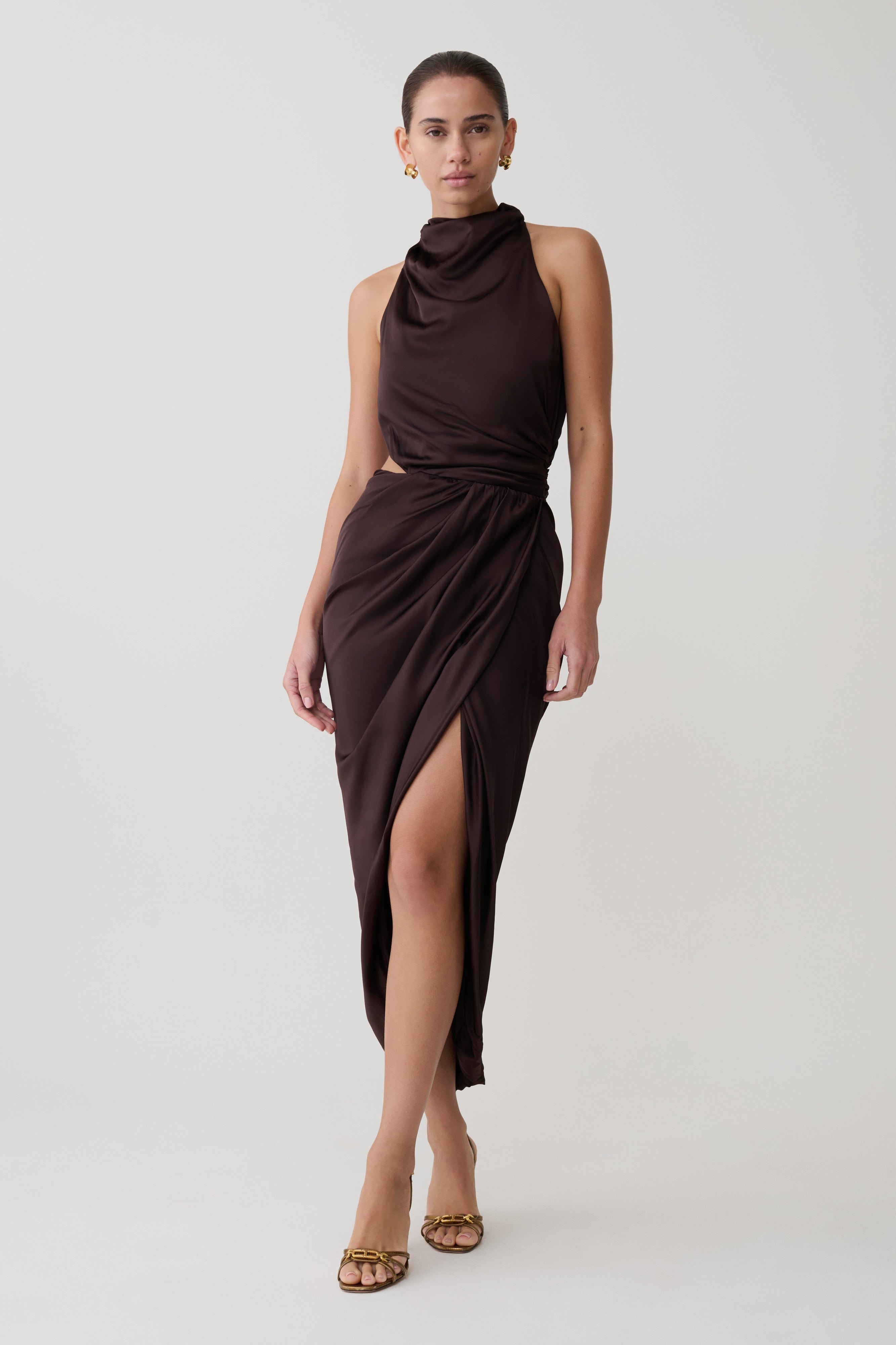 Aveline Draped Halter Midi Dress - Dark Chocolate - Image 8