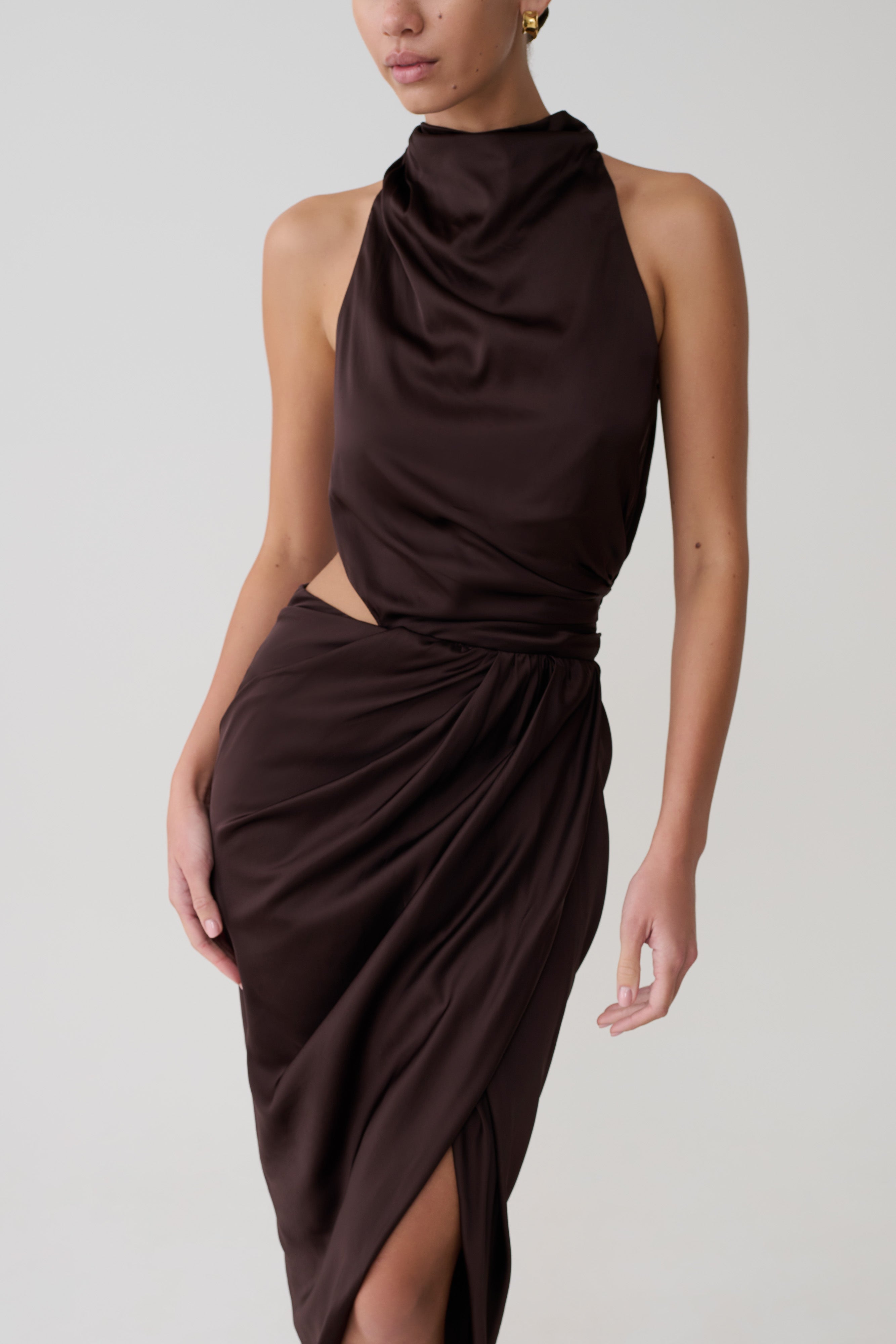 Aveline Draped Halter Midi Dress - Dark Chocolate - Image 9