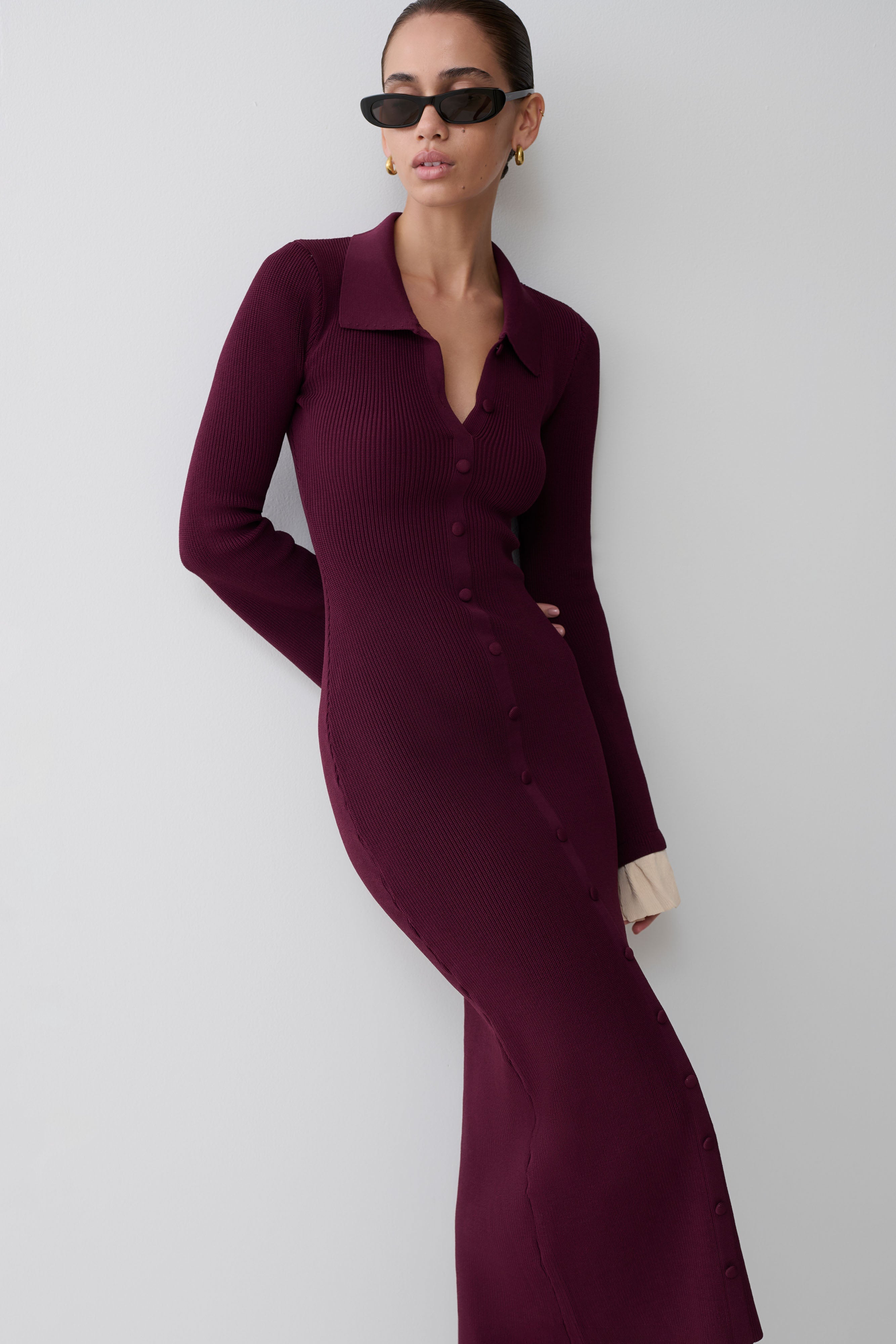 Amirose Ruffle Knit Midi Dress - Plum - Image 5