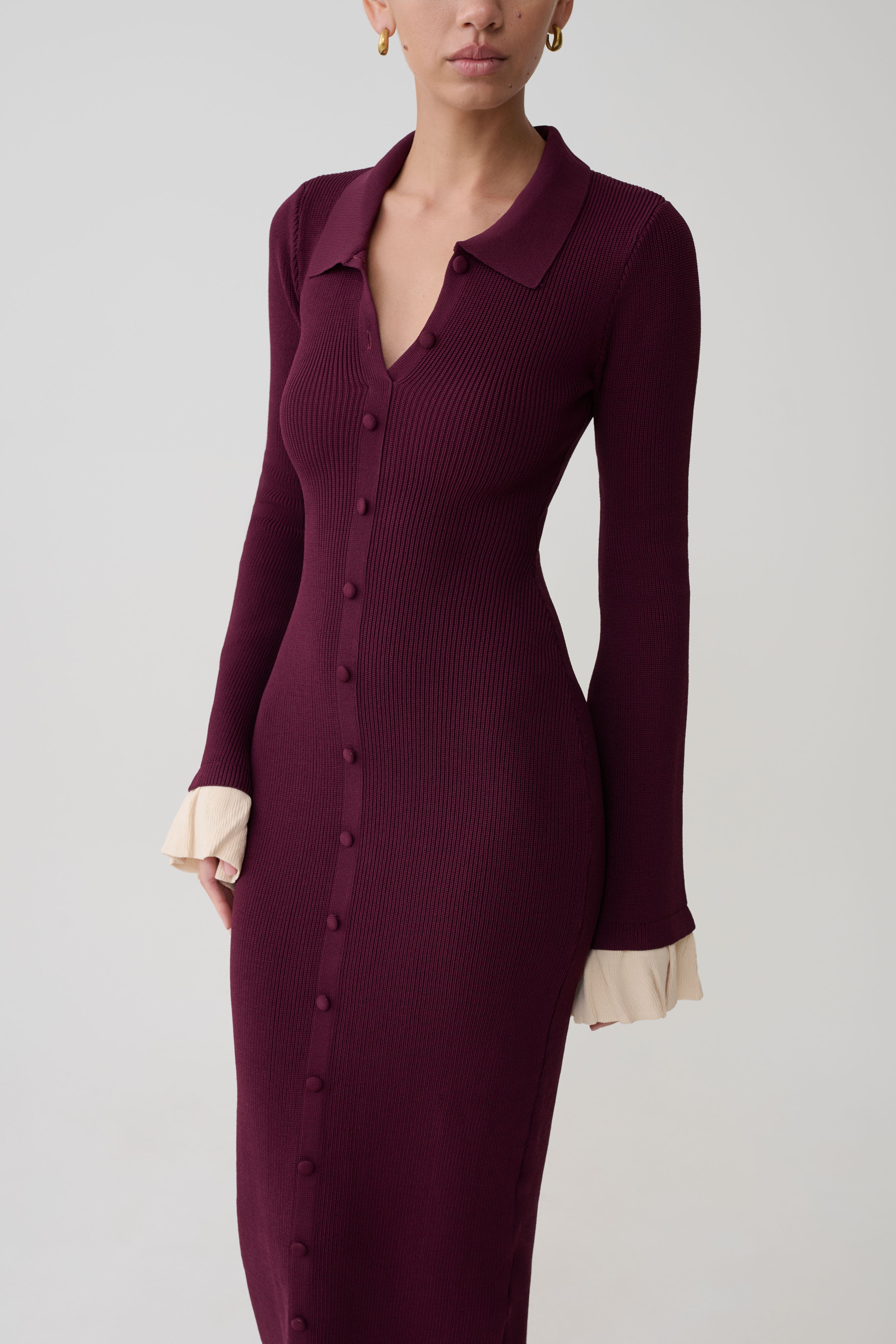 Amirose Ruffle Knit Midi Dress - Plum - Image 6