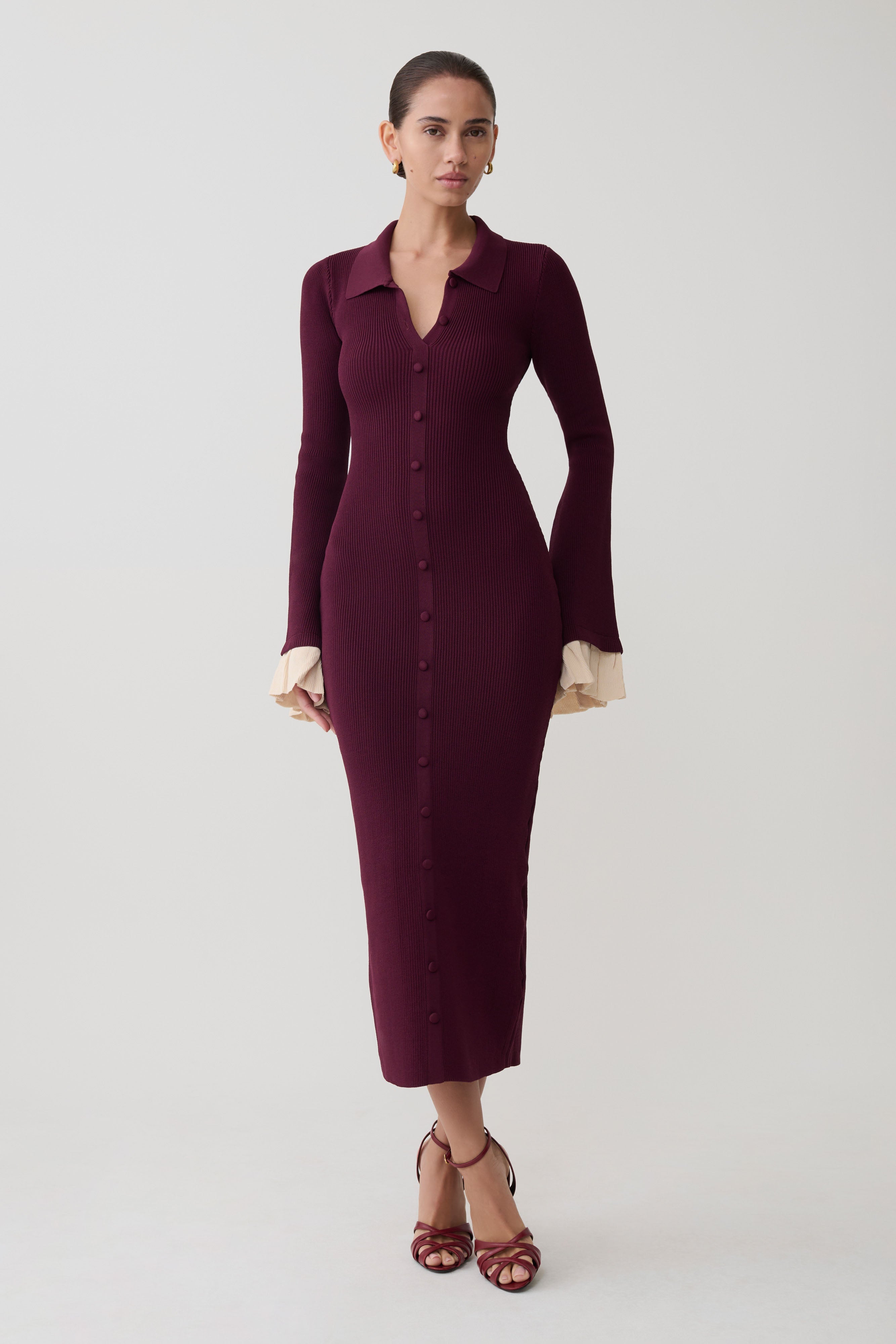 Amirose Ruffle Knit Midi Dress - Plum - Image 4