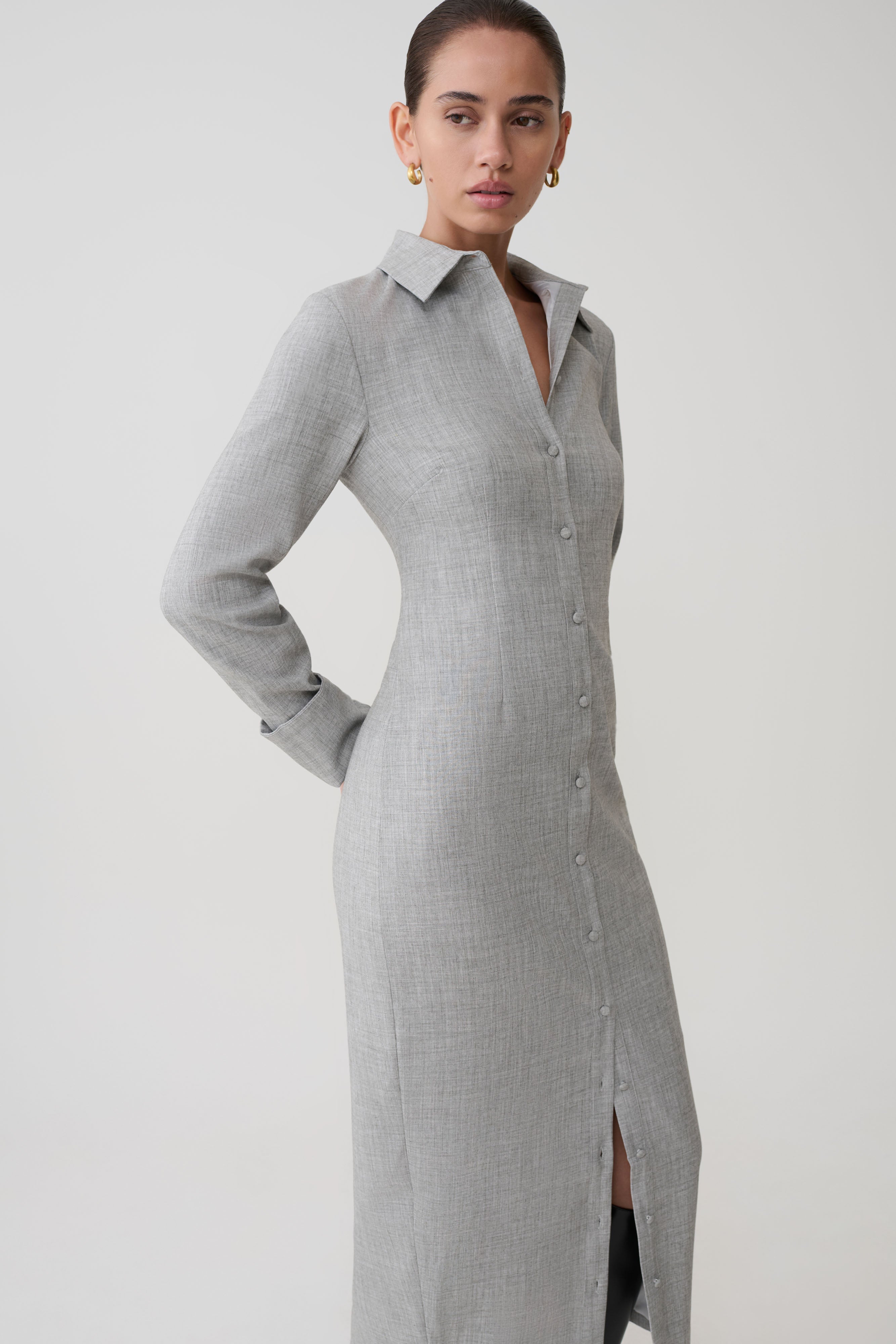 Alternative view of Dorian Fitted Shirt Midi Dress - Charcoal Marle