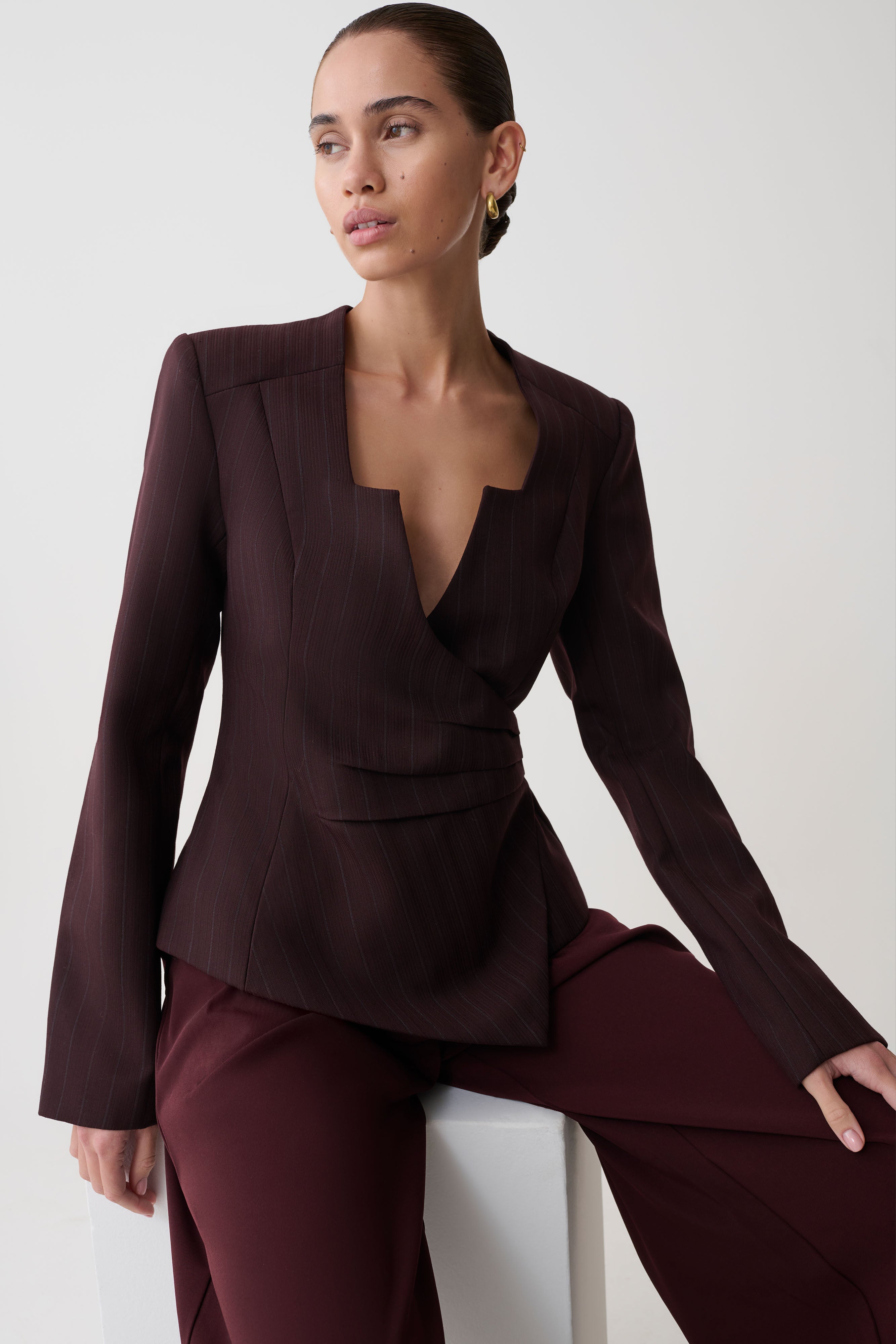 Agatha Square Neck Blazer - Plum Pinstripe - Image 8