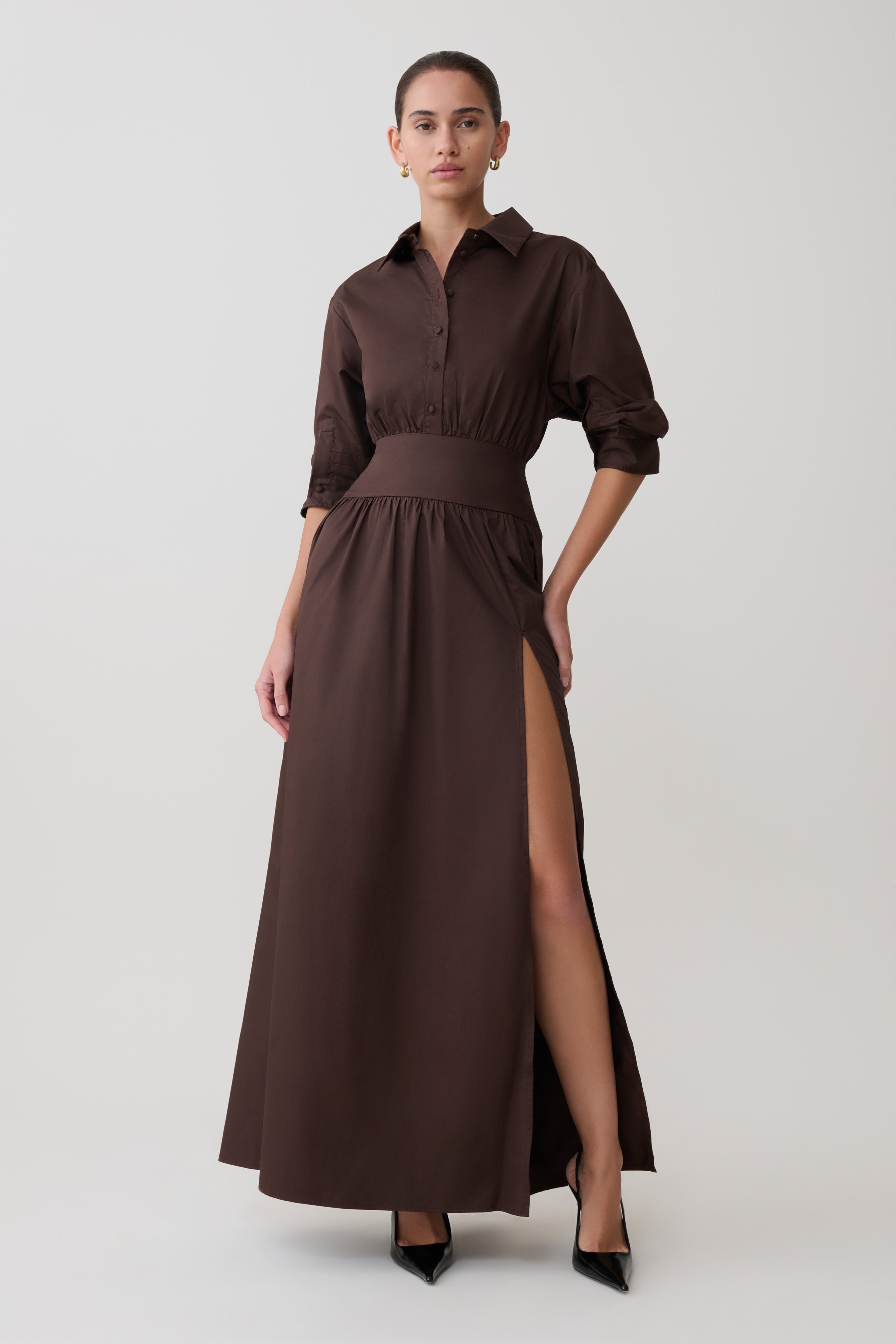 Alternative view of Isolde Long Sleeve Cotton Maxi Dress - Dark Chocolate