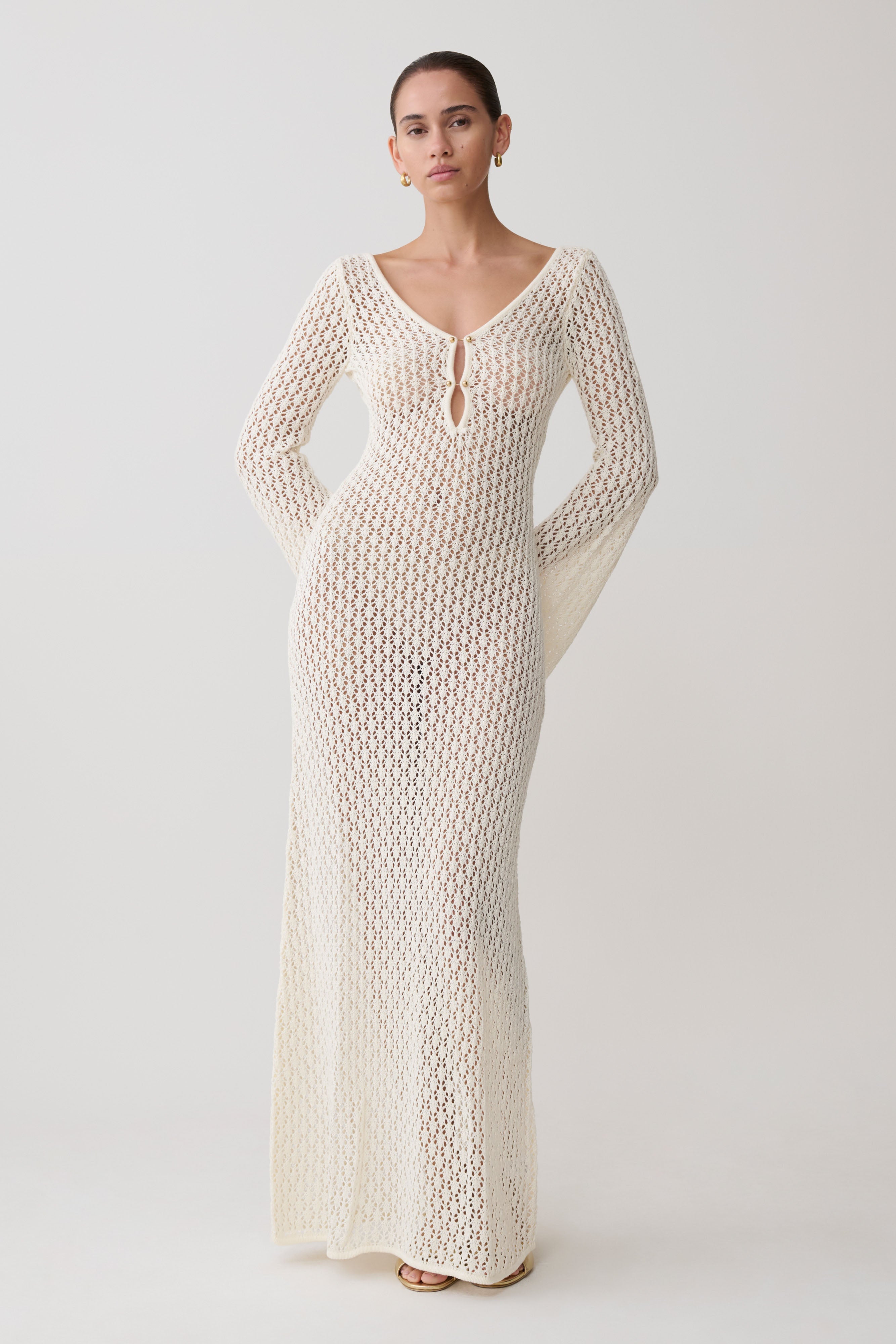 Kayleigh Crochet Fishtail Flare Sleeve Maxi Dress - White - Image 4