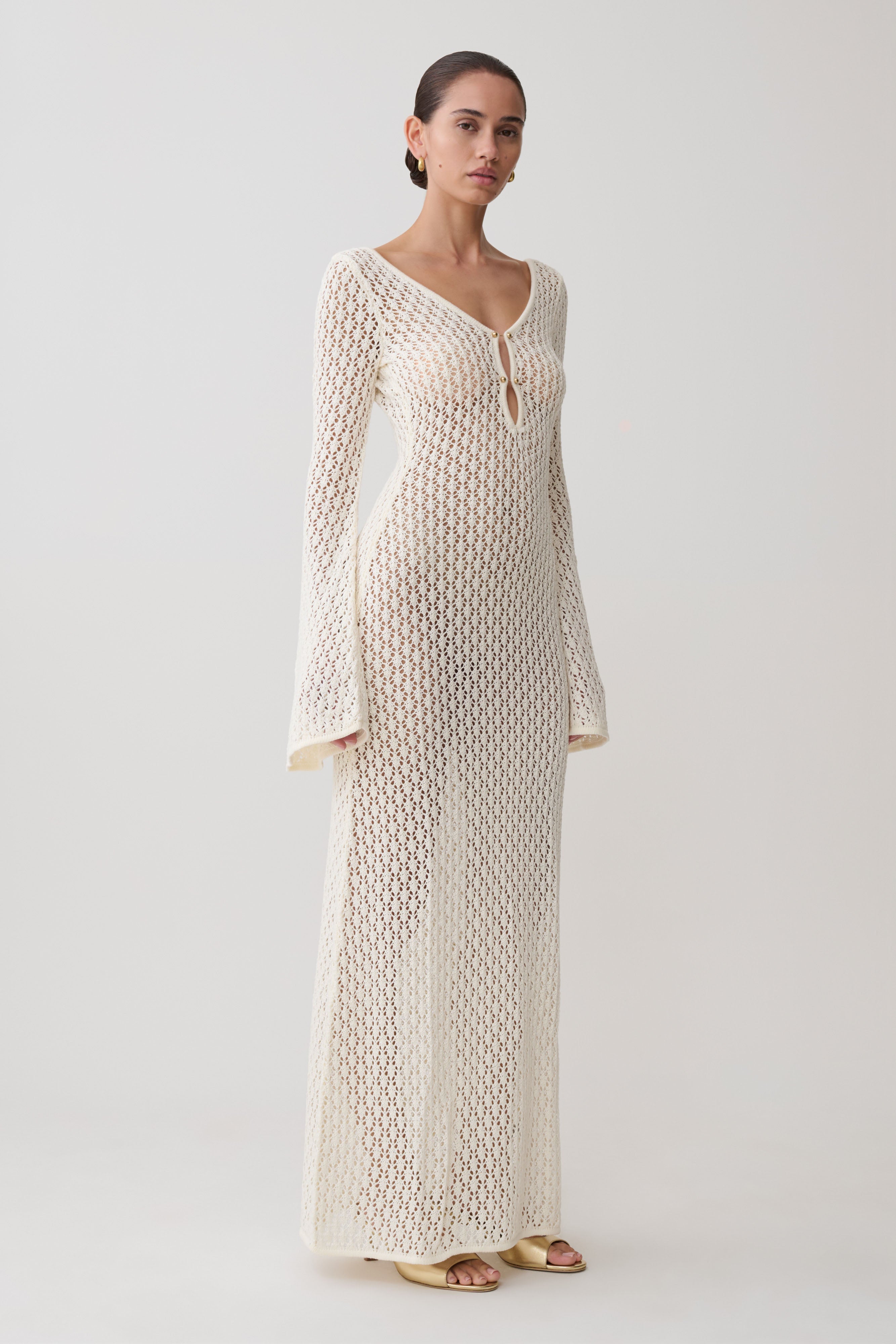 Kayleigh Crochet Fishtail Flare Sleeve Maxi Dress - White - Image 3